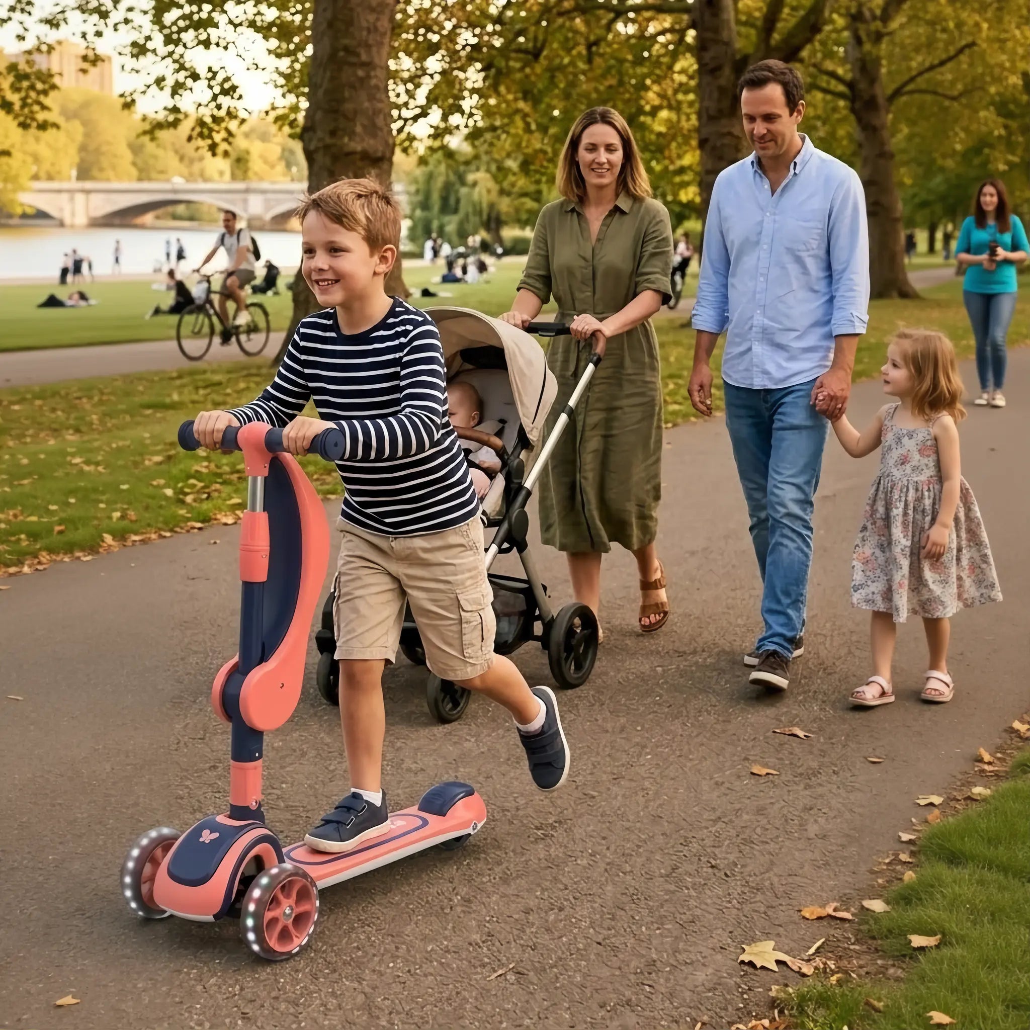 Kids 3-wheel scooter with seat being ridden by child in park with family walking behind