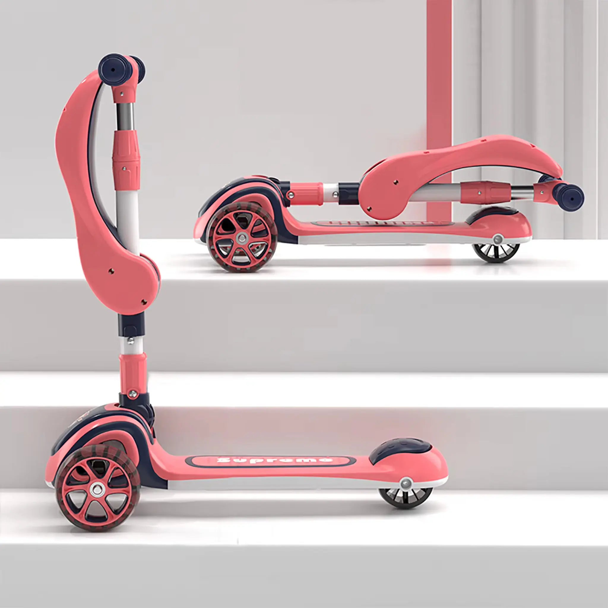Kids scooter with foldable seat shown in folded and unfolded positions