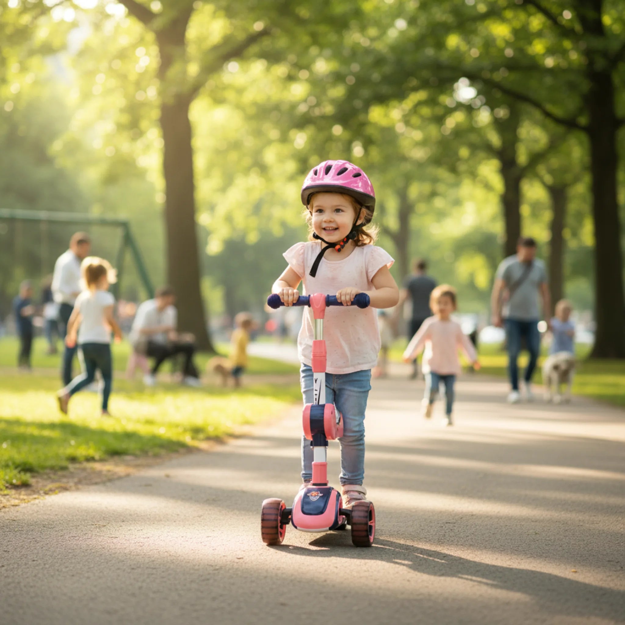Child riding 3-wheel scooter with LED wheels on park path