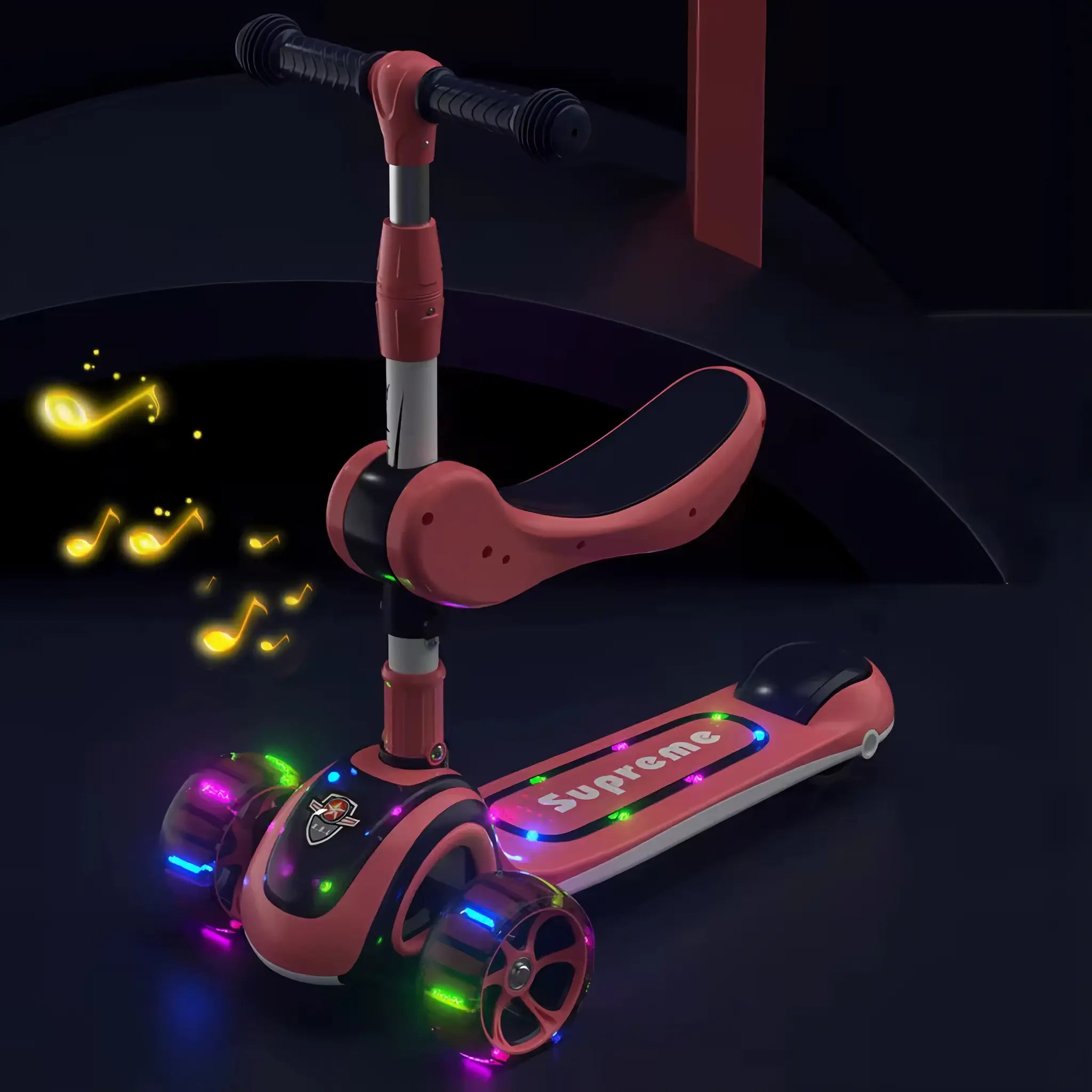 Kids scooter with light-up LED wheels and music feature in low light