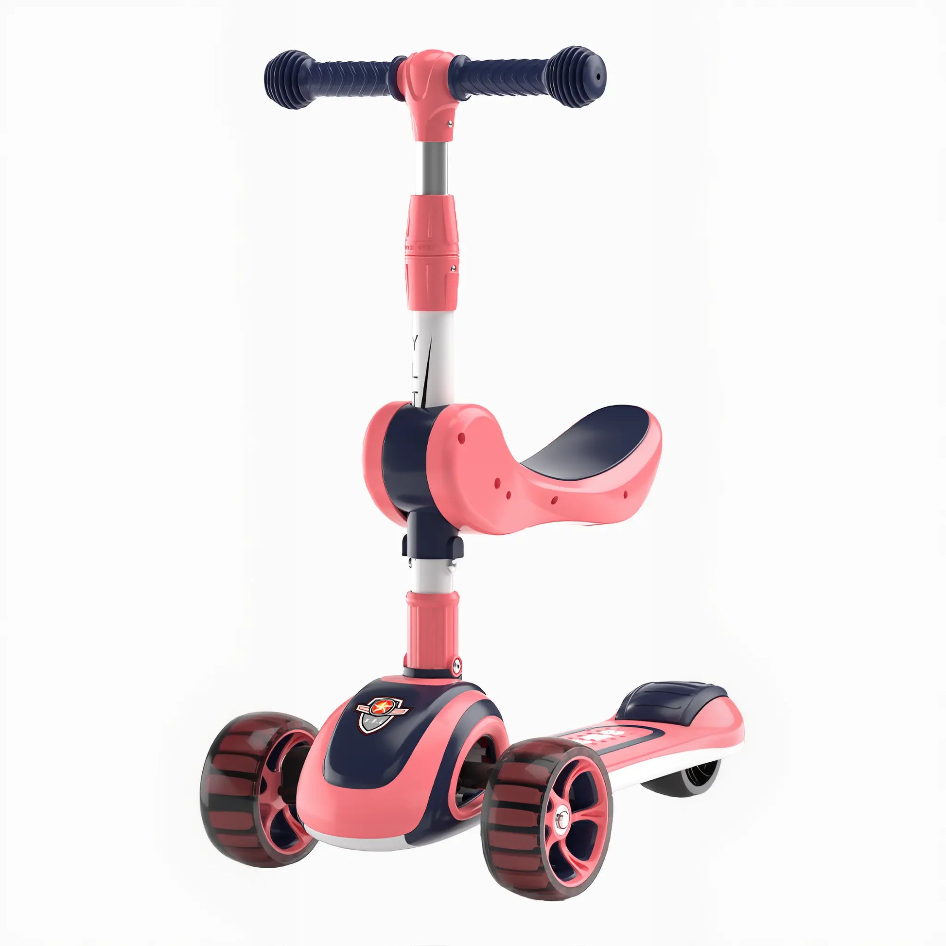 Kids 3-wheel scooter with foldable seat shown in standing mode