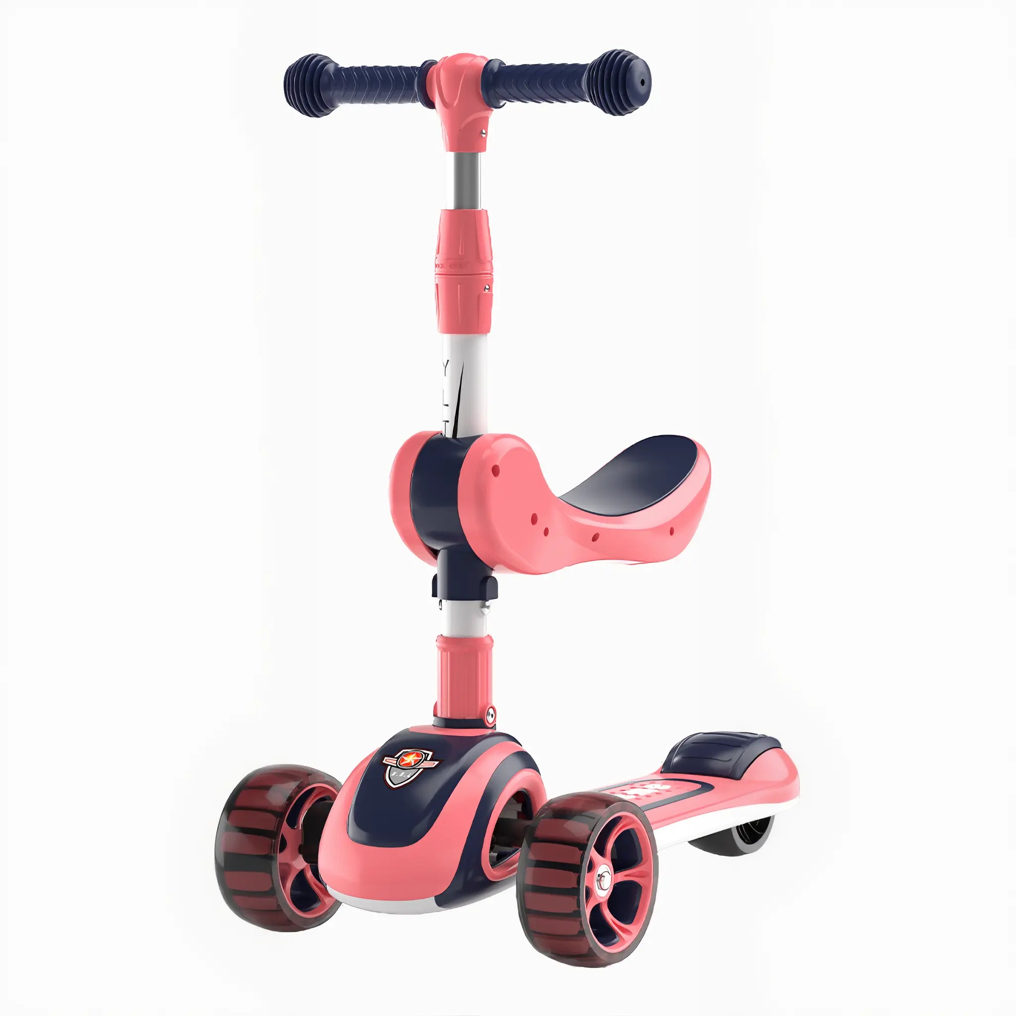 Kids 3-wheel scooter with foldable seat shown in standing mode