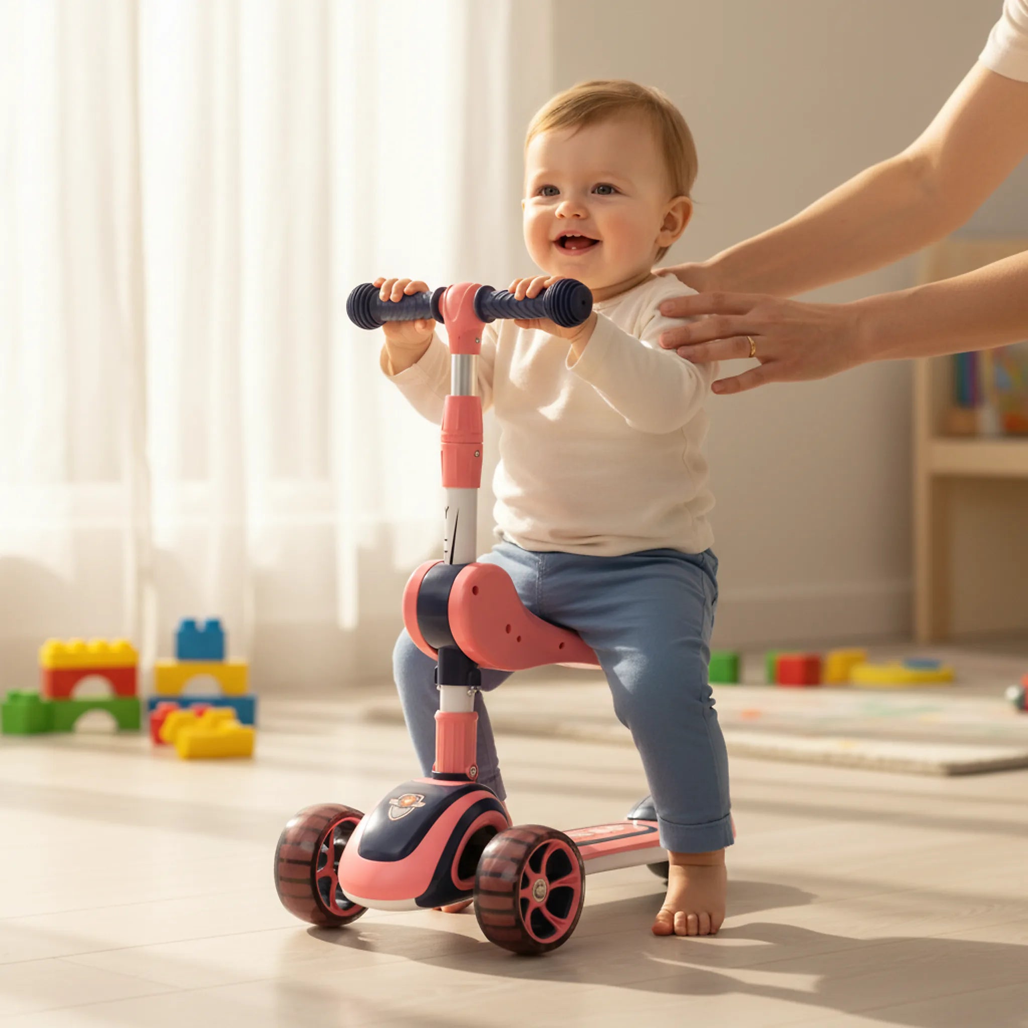 Toddler using 3-wheel scooter in seated ride-on mode indoors