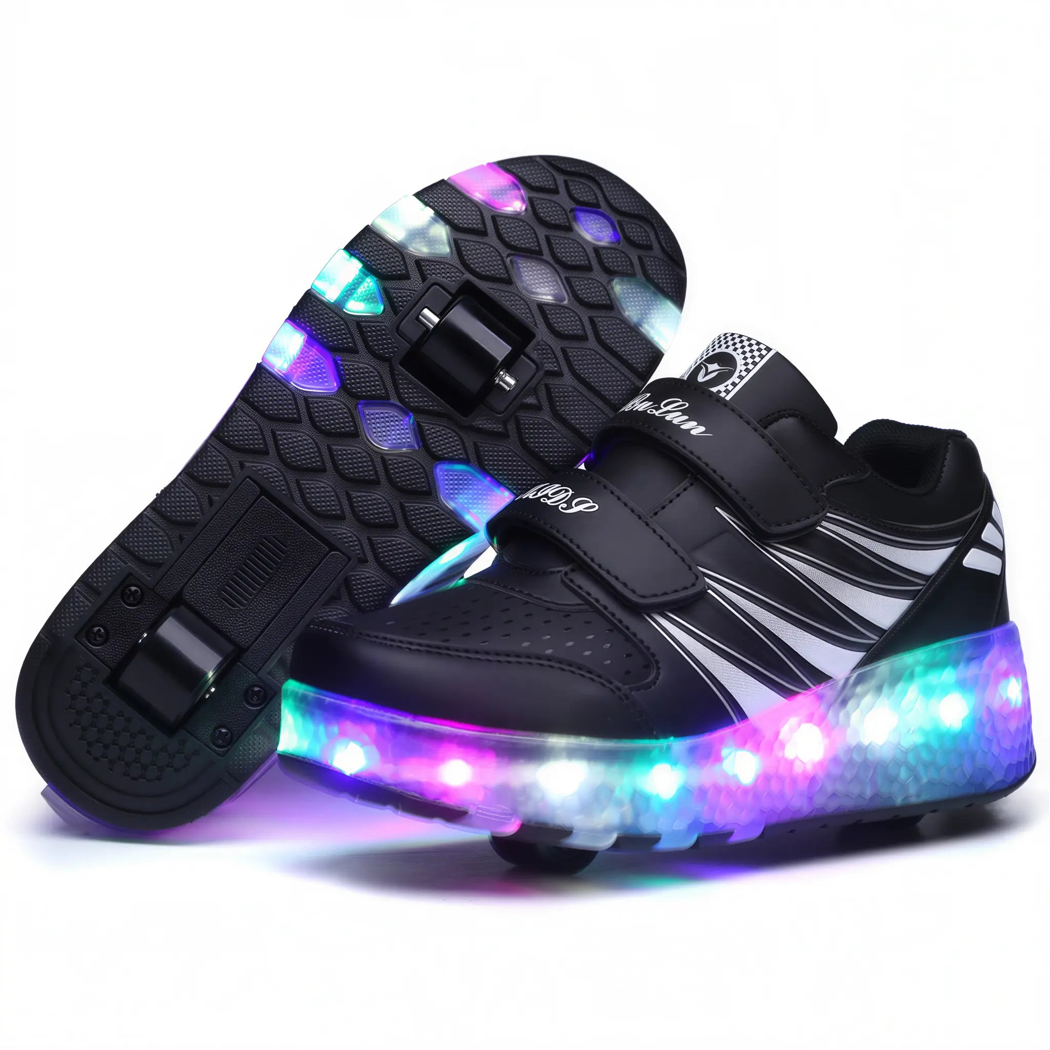 Kids' LED rolling skate shoes in black with retractable wheels and light-up sole