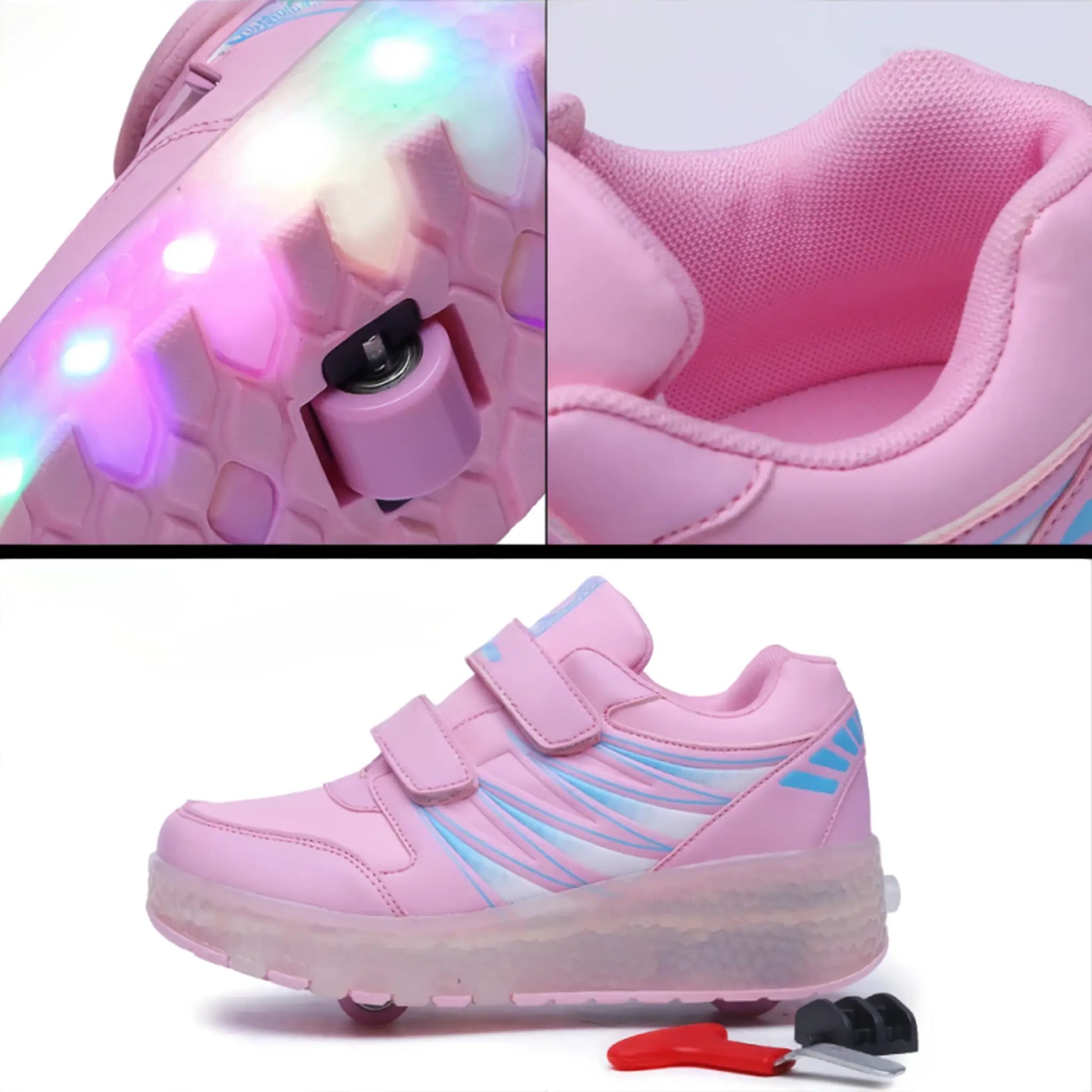 Close-up of retractable wheel button, padded interior and removal tool for kids' roller skate shoes