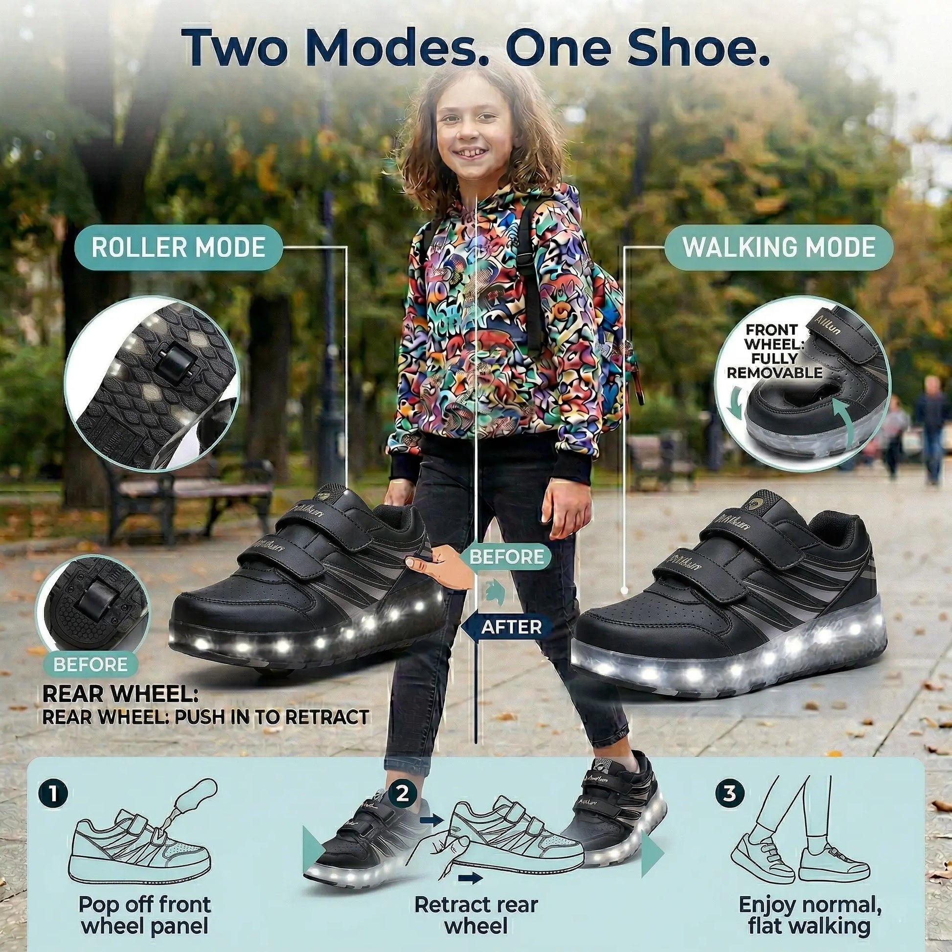 How to switch between roller mode and walking mode on kids' LED roller skate shoes