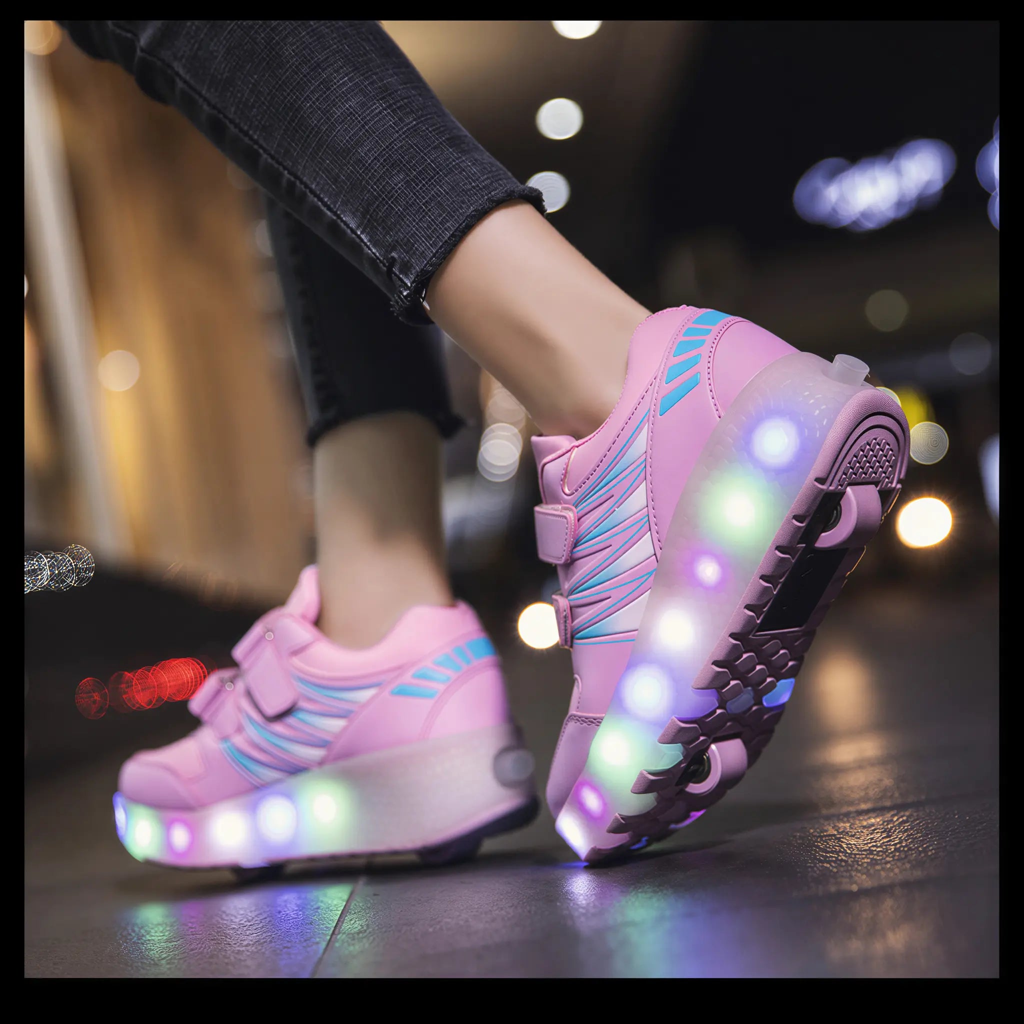 Child wearing pink LED rolling skate shoes with wheels extended in roller mode