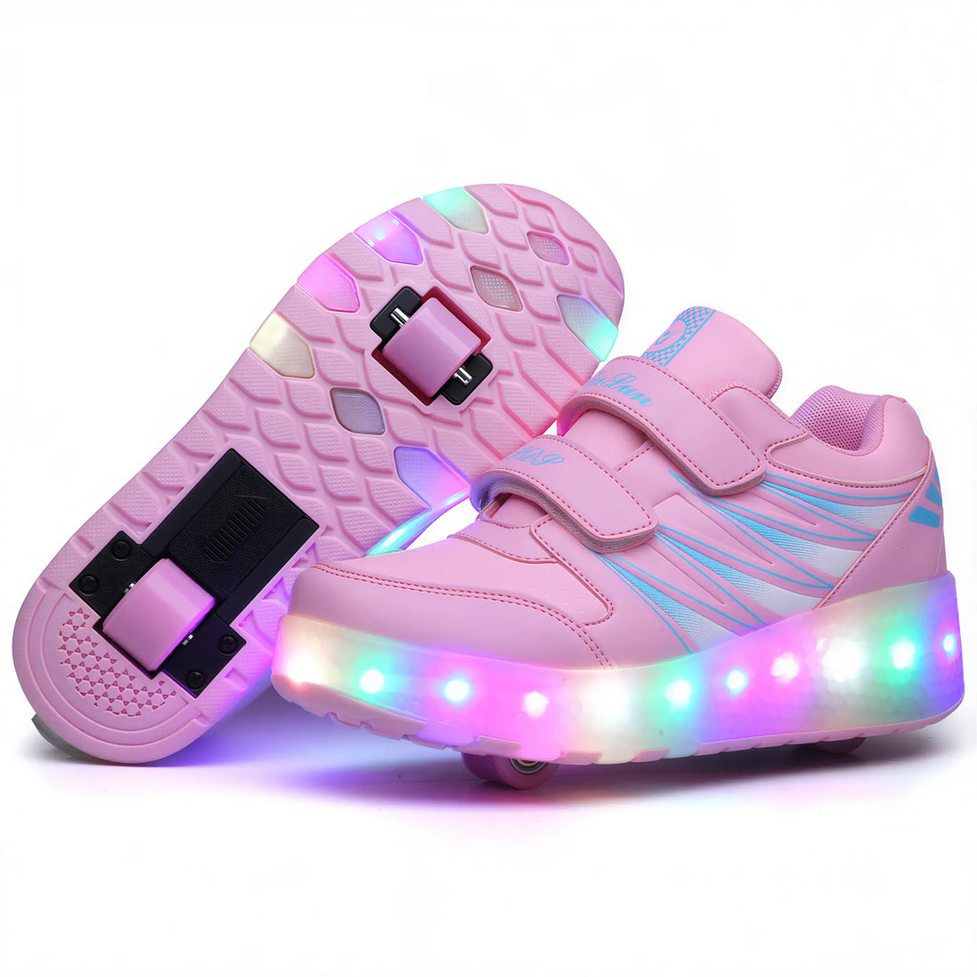 Kids' LED rolling skate shoes in pink with retractable wheels and light-up sole