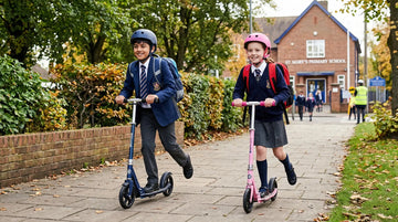 Boy and girl riding home from school