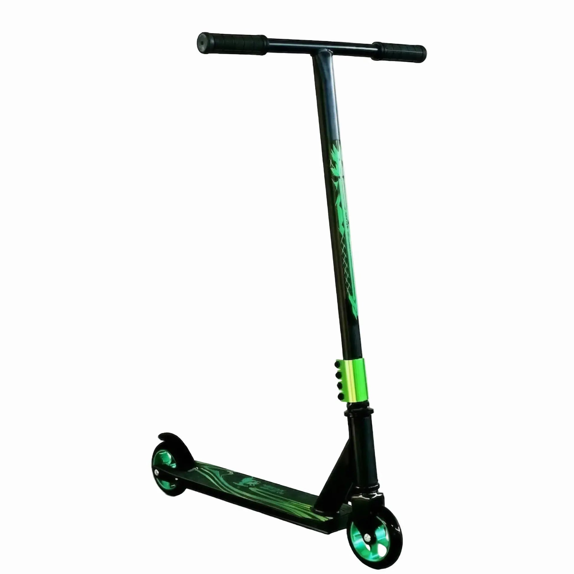 Kids stunt scooter with aluminium frame and two PU wheels on a white background