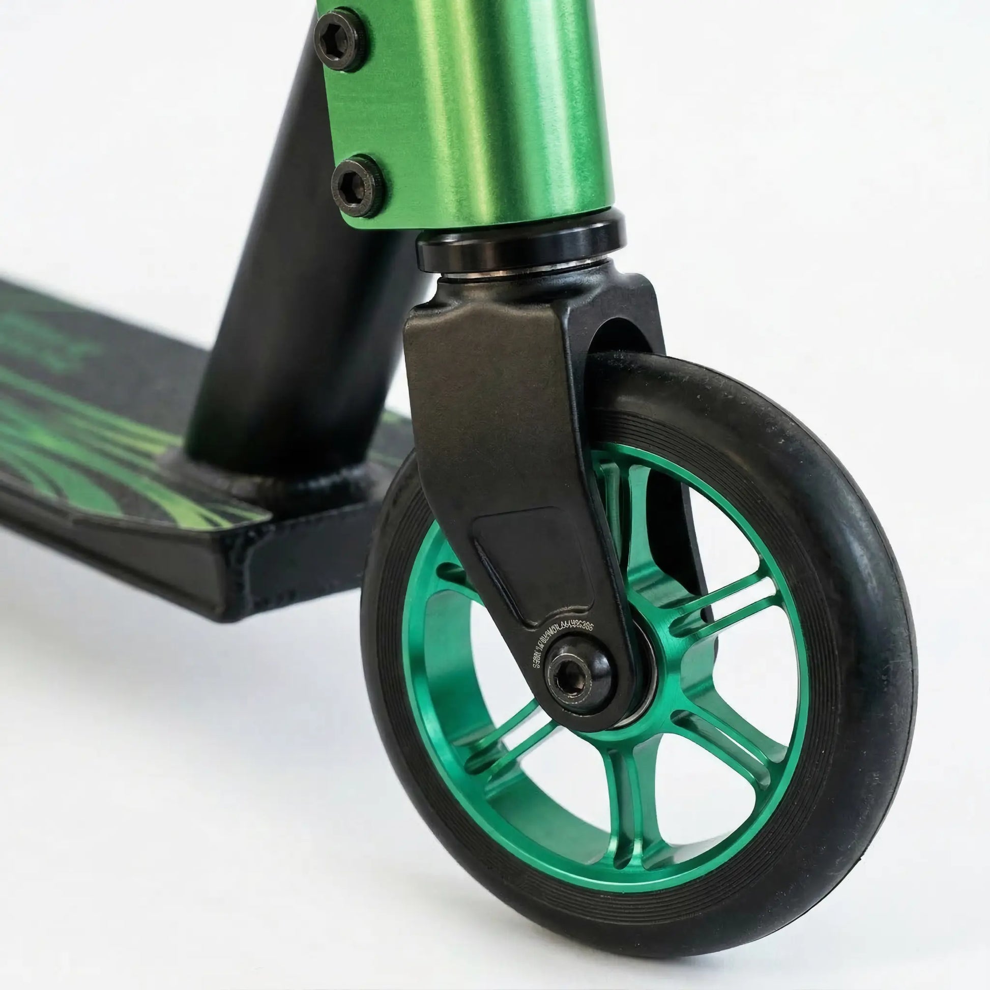 Close-up of stunt scooter metal-core PU wheel showing durable construction and grip