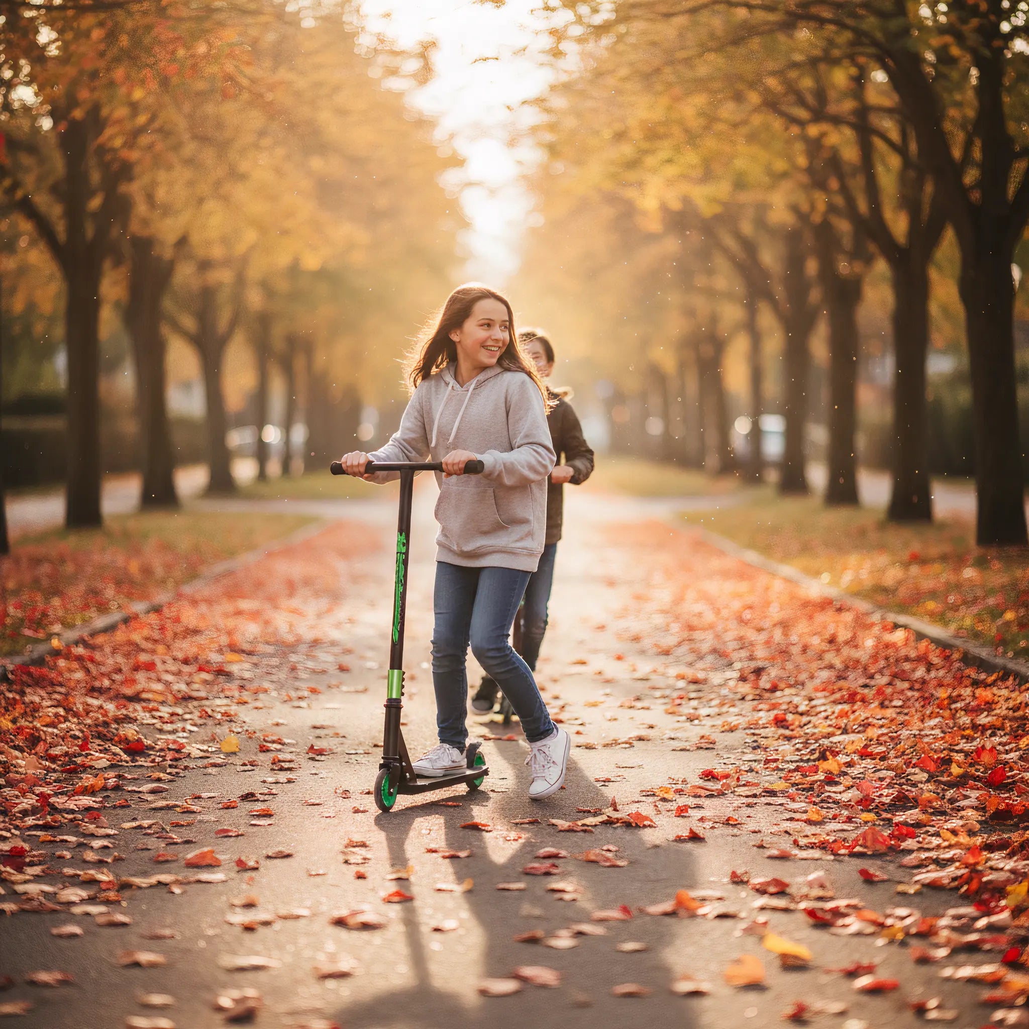 Kids riding stunt scooters together in a park with autumn leaves, showing everyday outdoor use