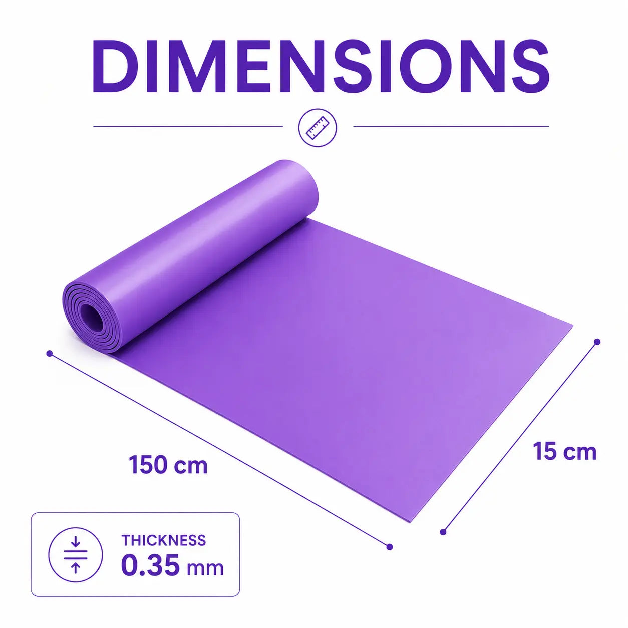 Light resistance band measuring 150 cm long, 15 cm wide and 0.35 mm thick.