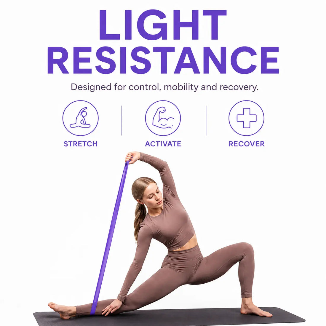 Light resistance band under tension during seated stretch