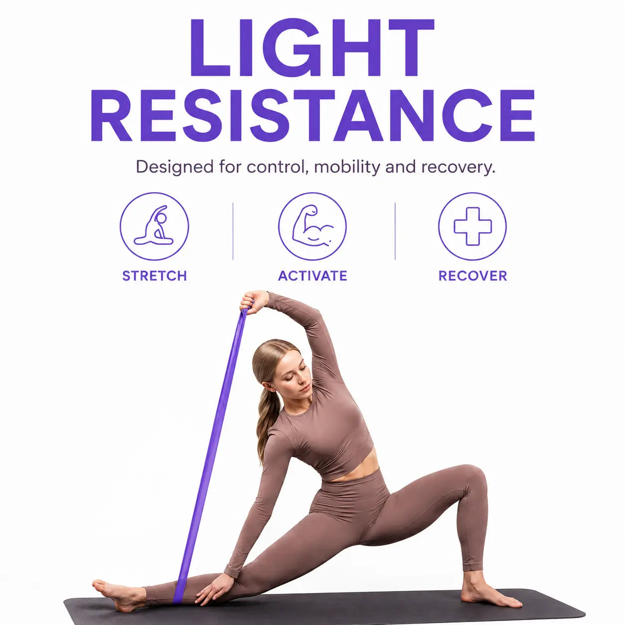 Woman using a light purple resistance band for stretching, mobility, activation and recovery exercises.