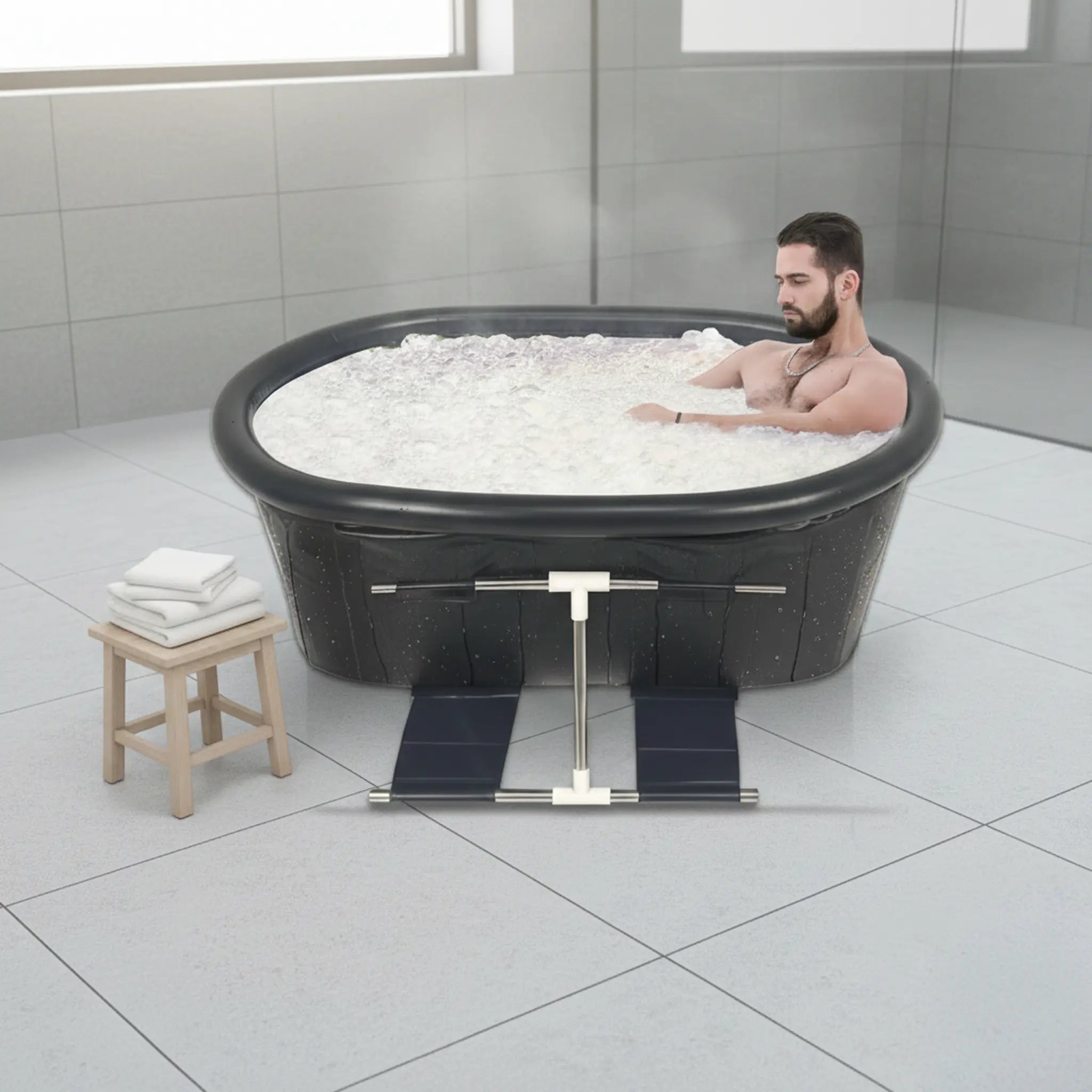 Man using Long Pod Ice Bath indoors for cold therapy recovery