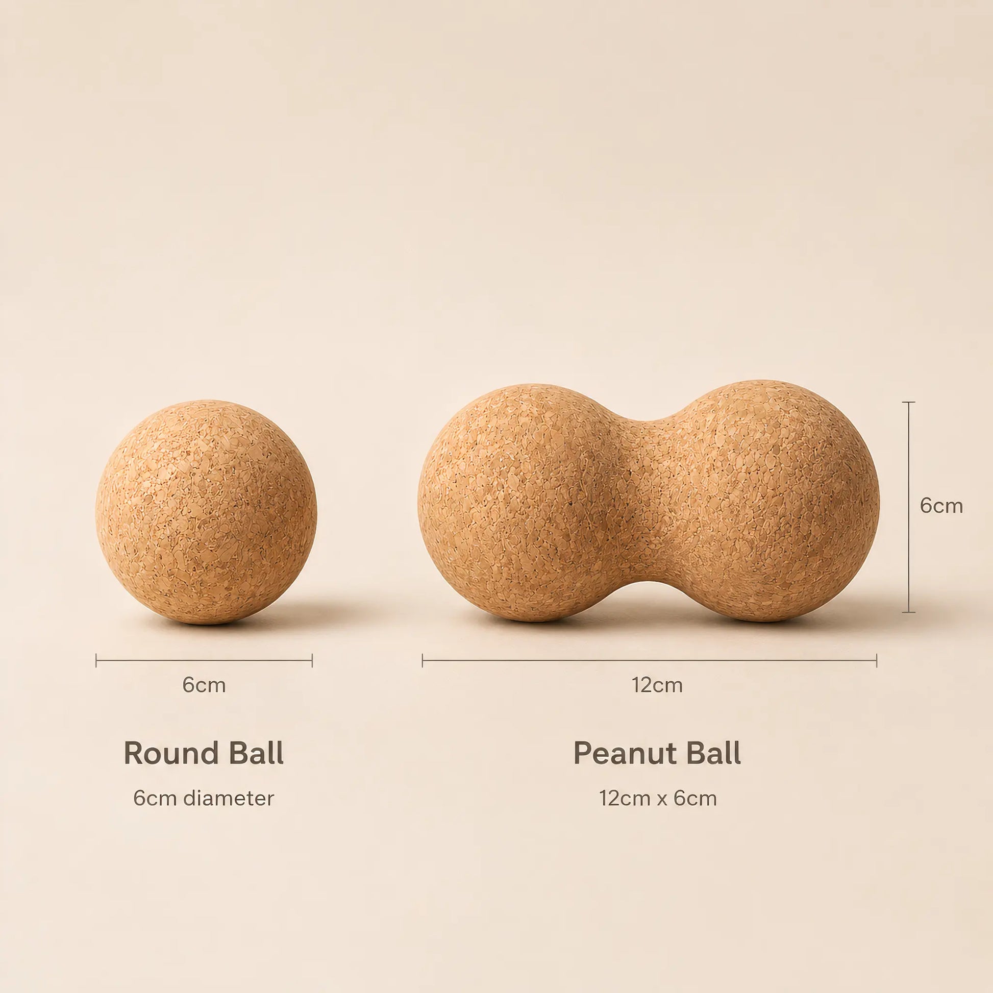 Size comparison of cork round massage ball and peanut massage ball with dimensions