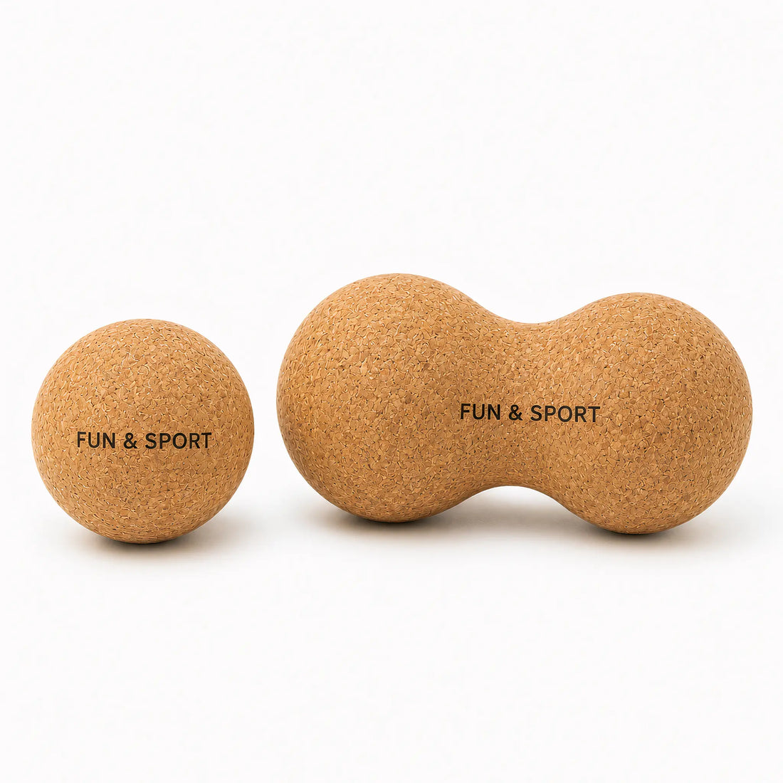 Cork massage ball set with round trigger point ball and peanut massage ball on white background.