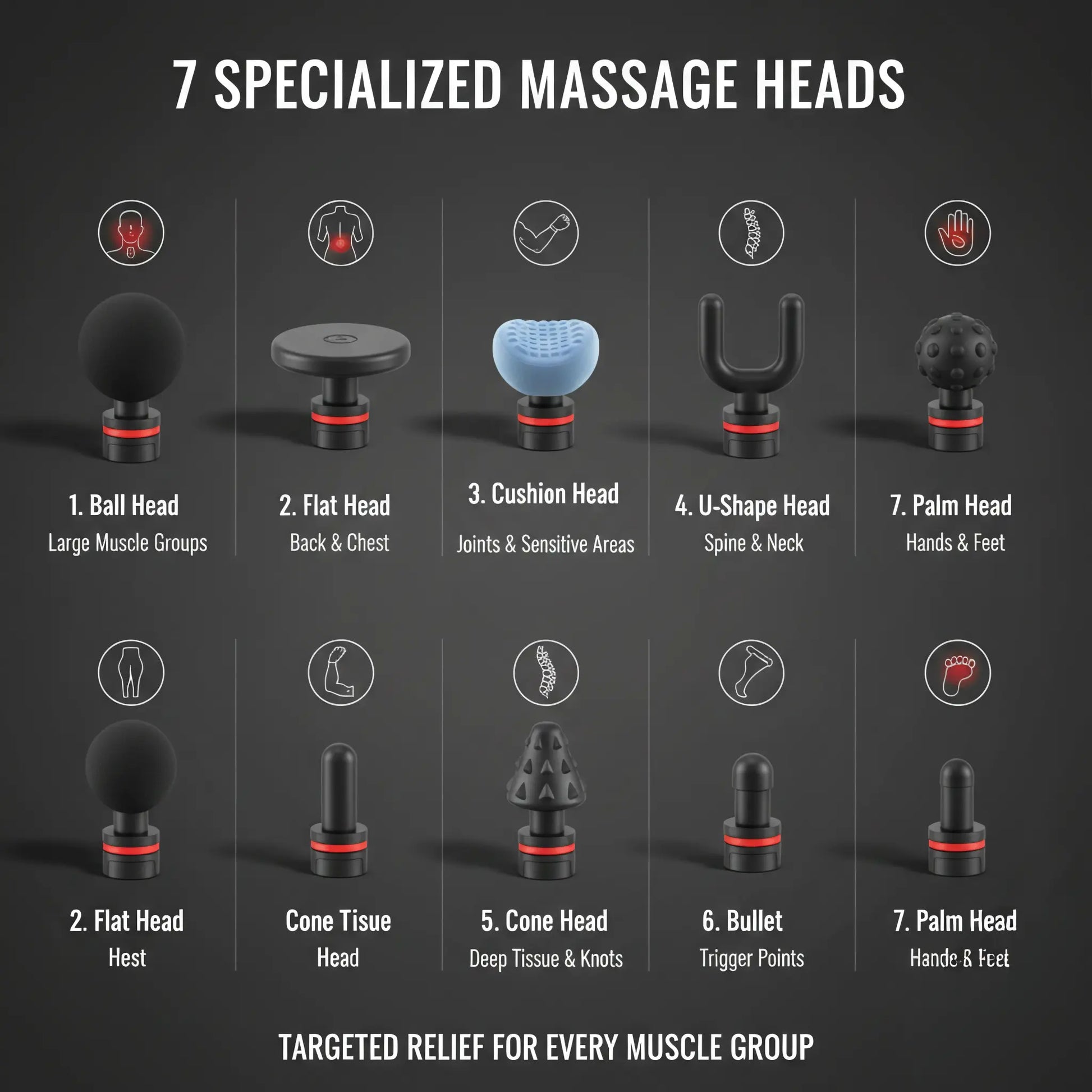 Seven massage gun attachment heads for targeted muscle groups and trigger points