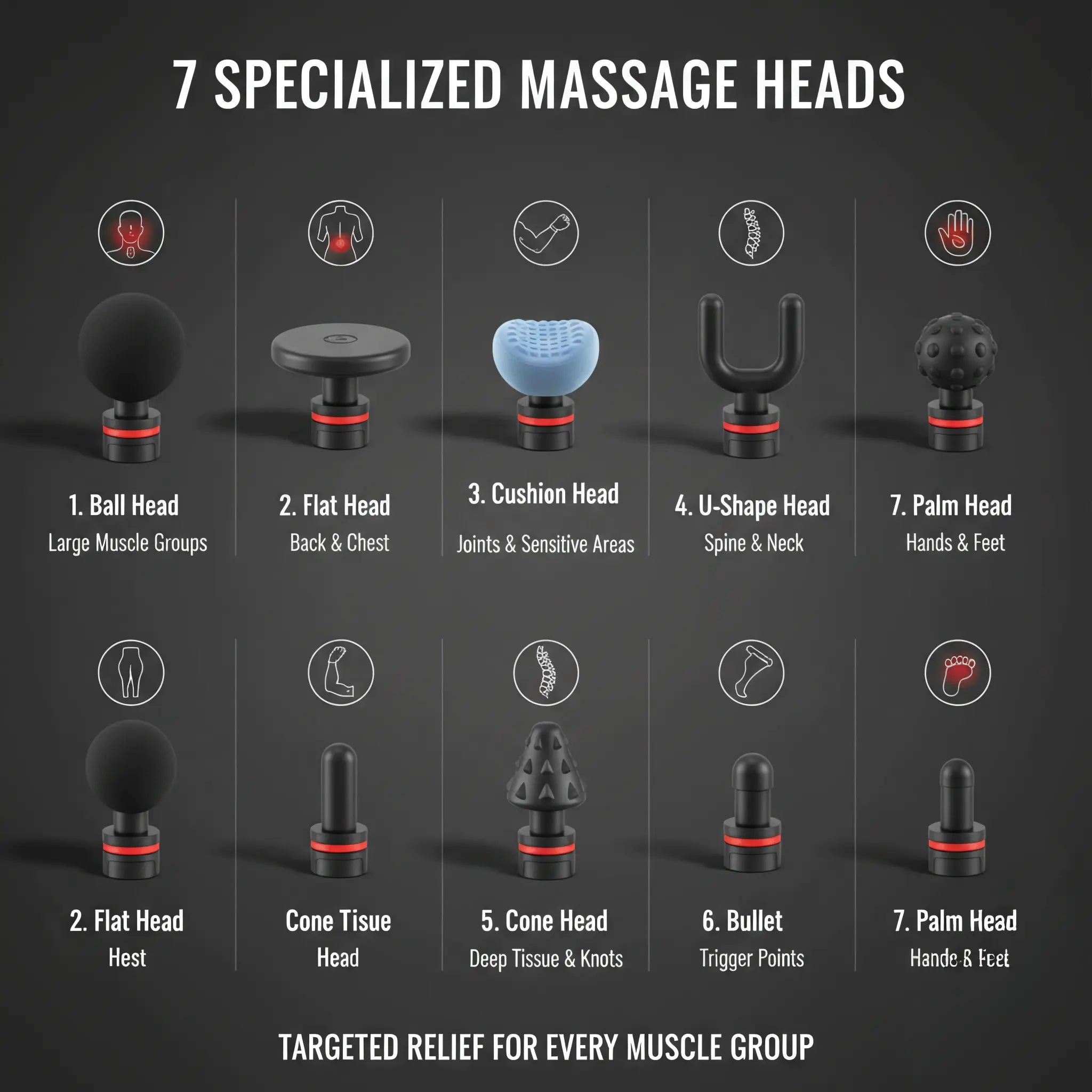 Seven massage gun attachment heads for targeted muscle groups and trigger points
