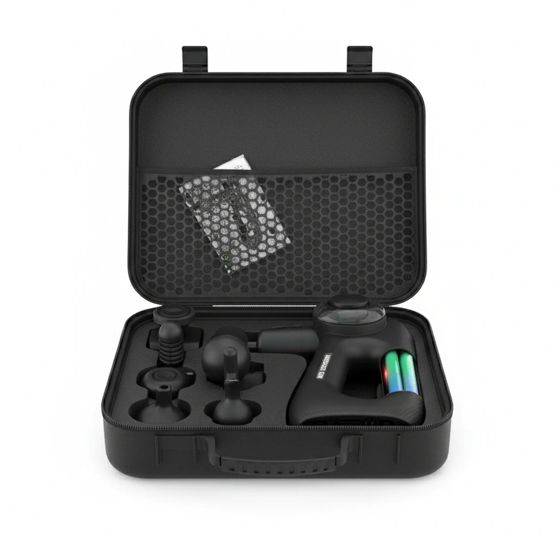 Massage gun kit with attachments arranged inside protective carry case