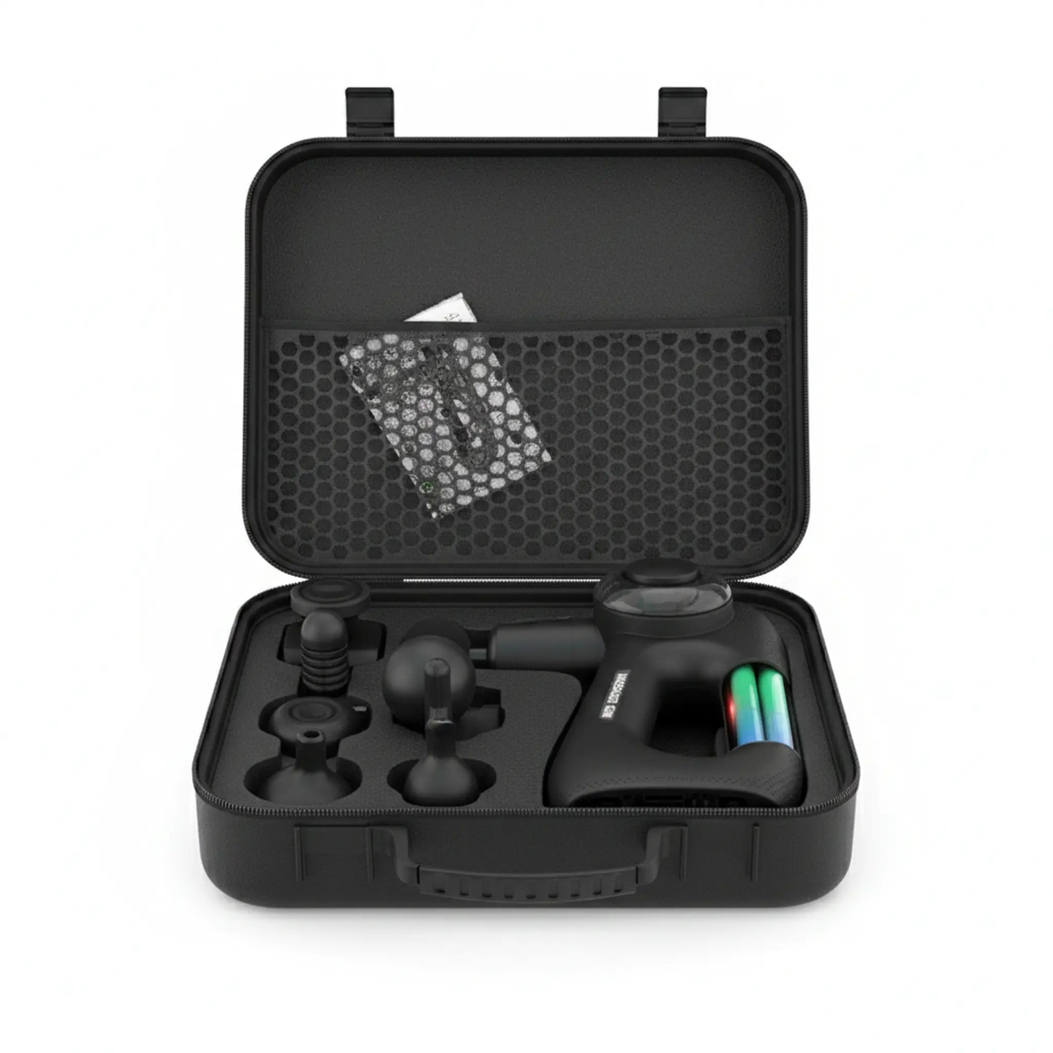 Massage gun kit with attachments arranged inside protective carry case