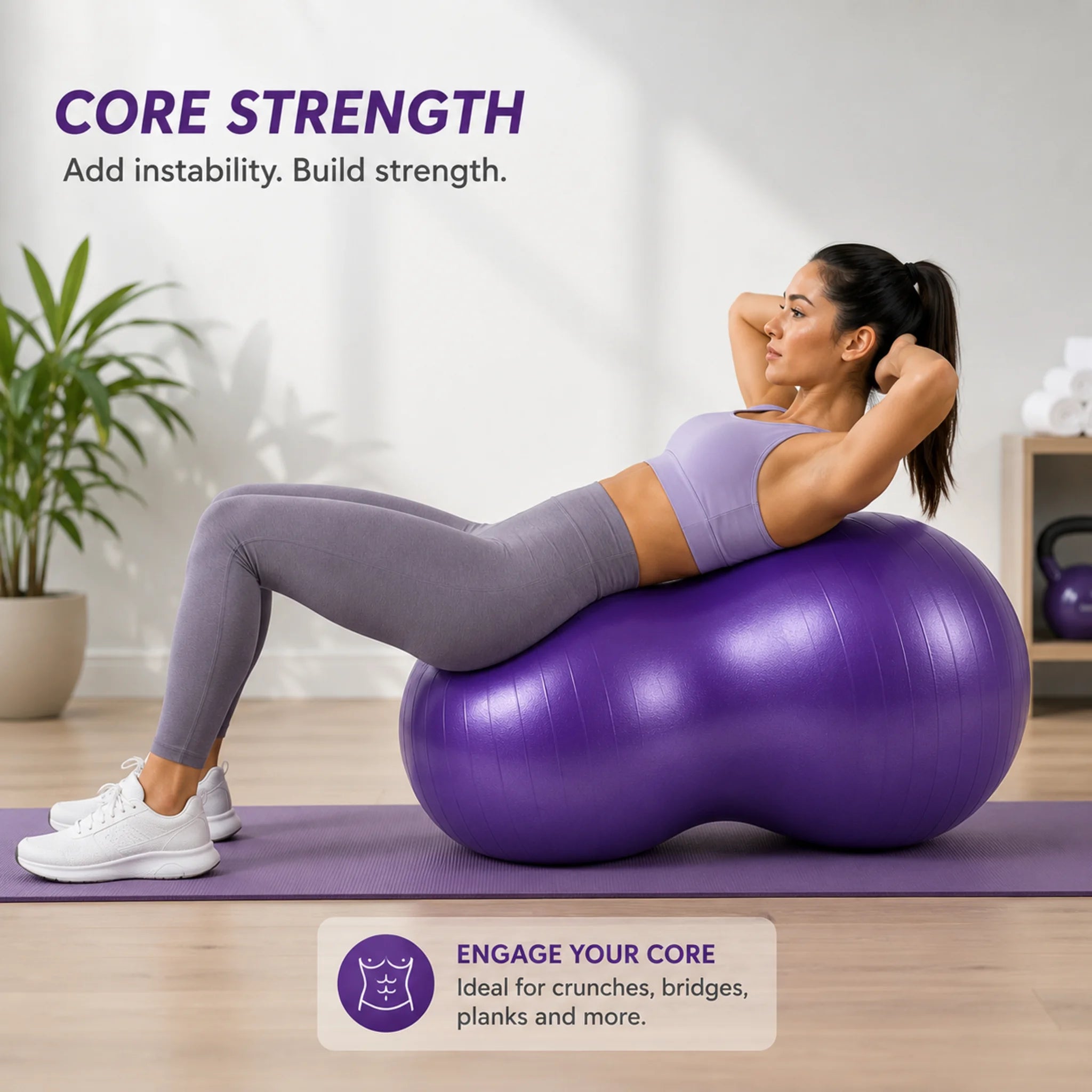 Person performing a core stability exercise using a purple peanut exercise ball.