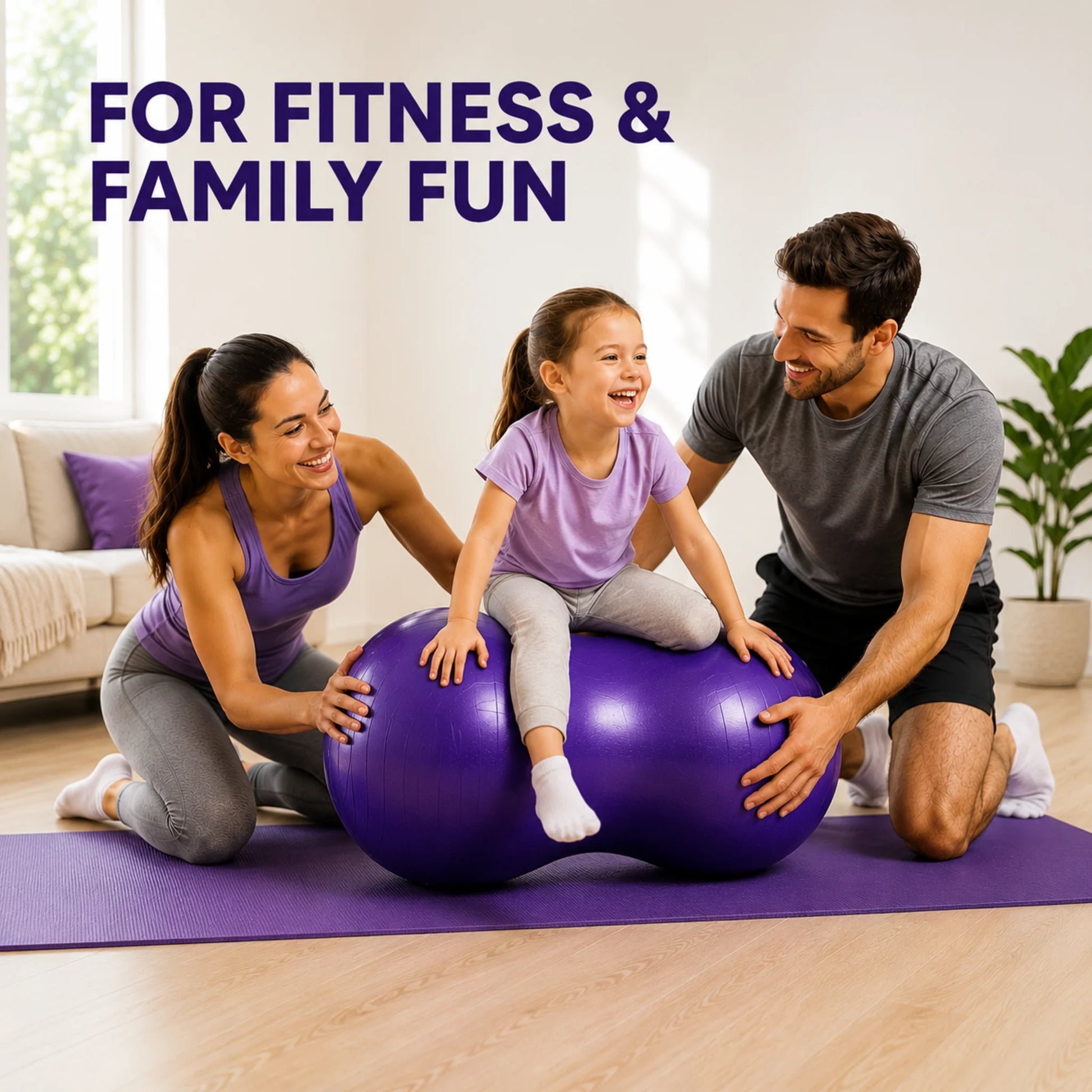 Parents and child enjoying active play together with a purple peanut exercise ball at home.