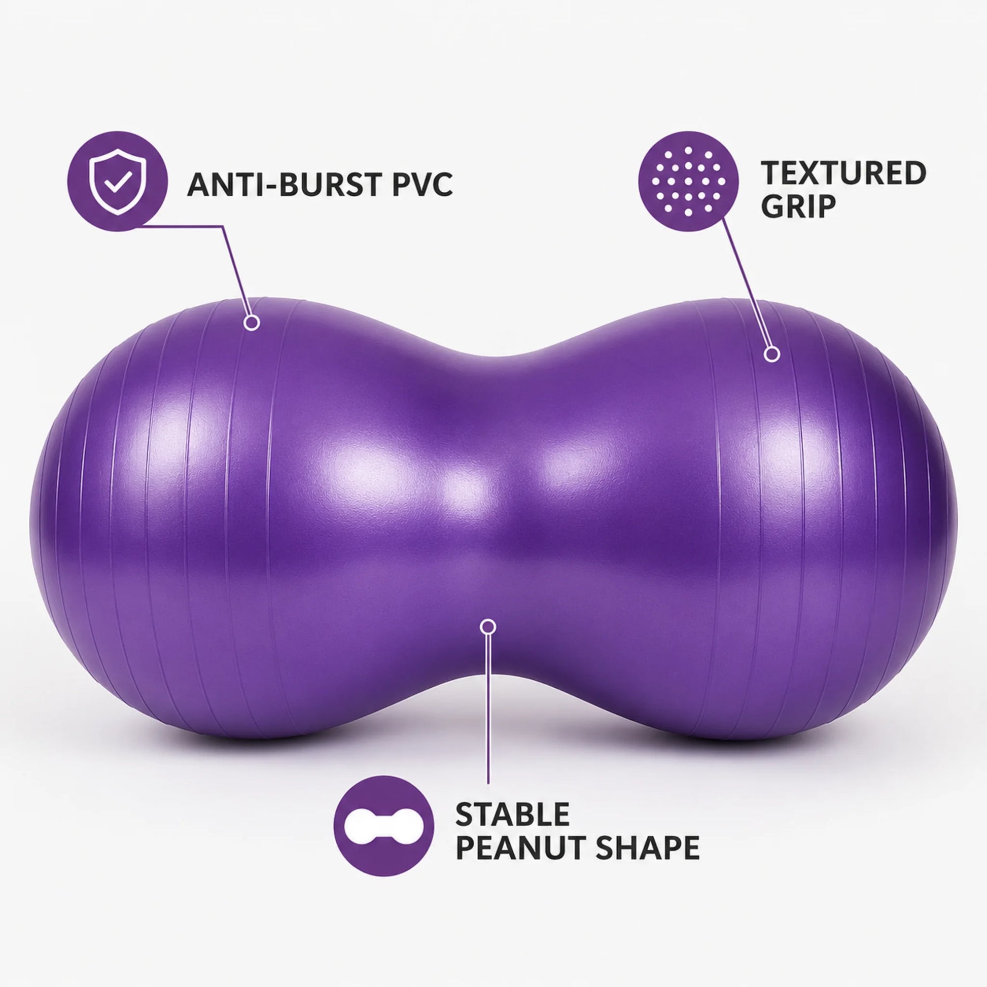 Close-up of a purple peanut exercise ball highlighting its anti-burst PVC construction, textured surface and stable peanut shape.