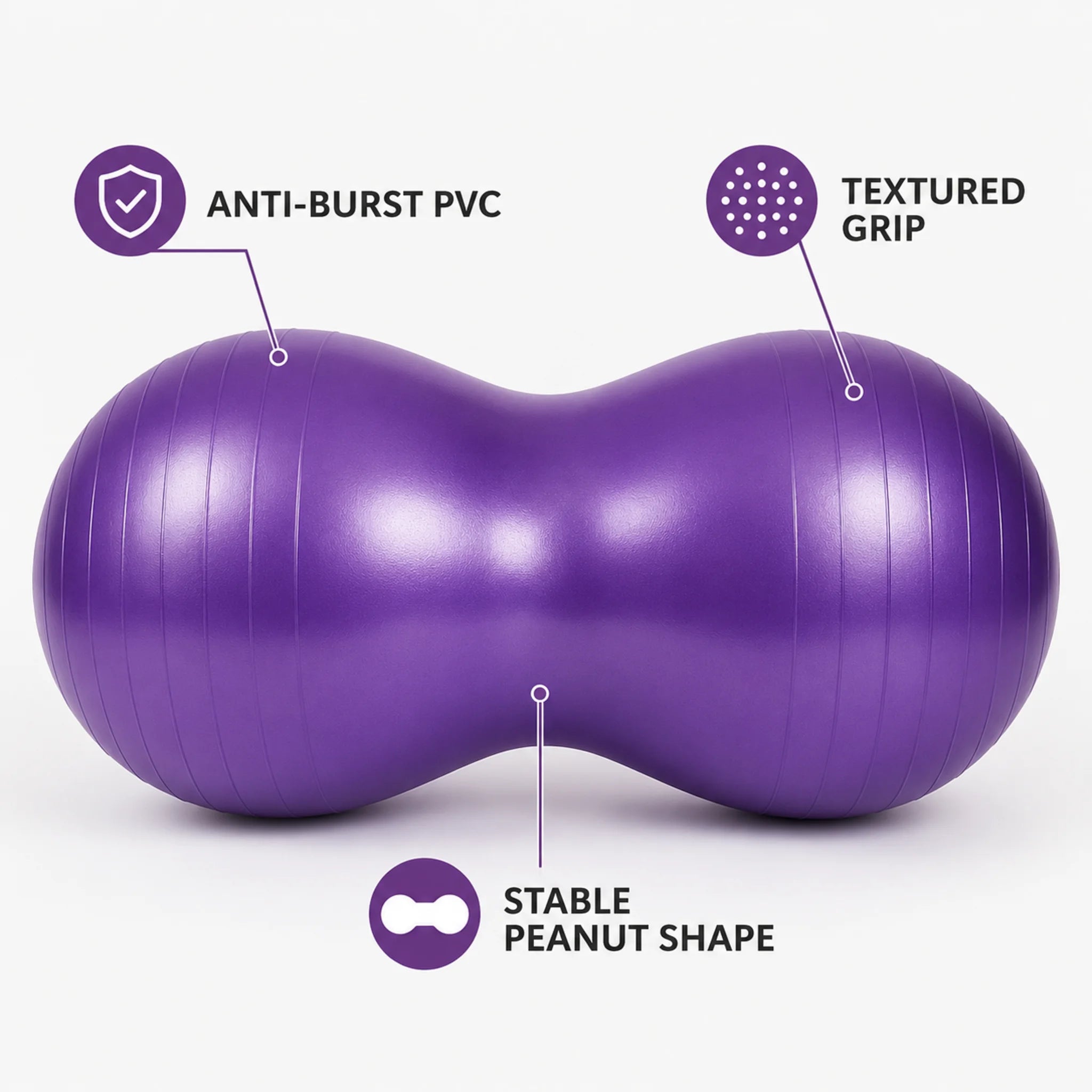 Close-up of a purple peanut exercise ball highlighting its anti-burst PVC construction, textured surface and stable peanut shape.