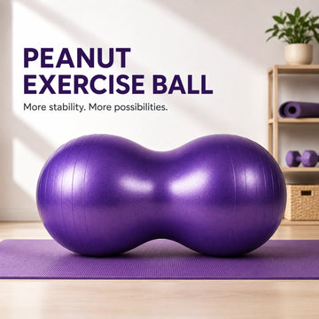 Purple peanut exercise ball in a bright home fitness studio.