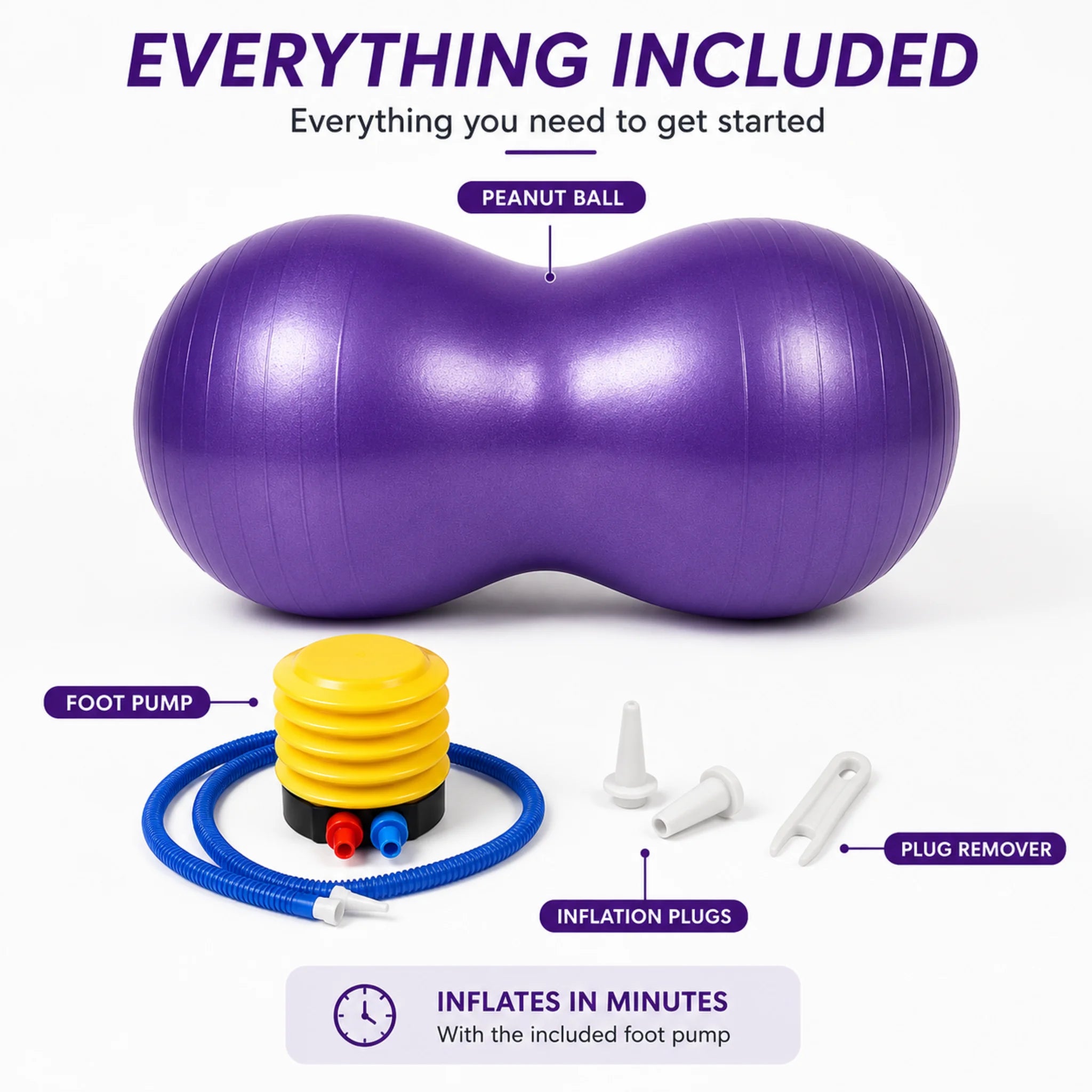 Purple peanut exercise ball supplied with a foot pump, inflation plugs and plug remover.