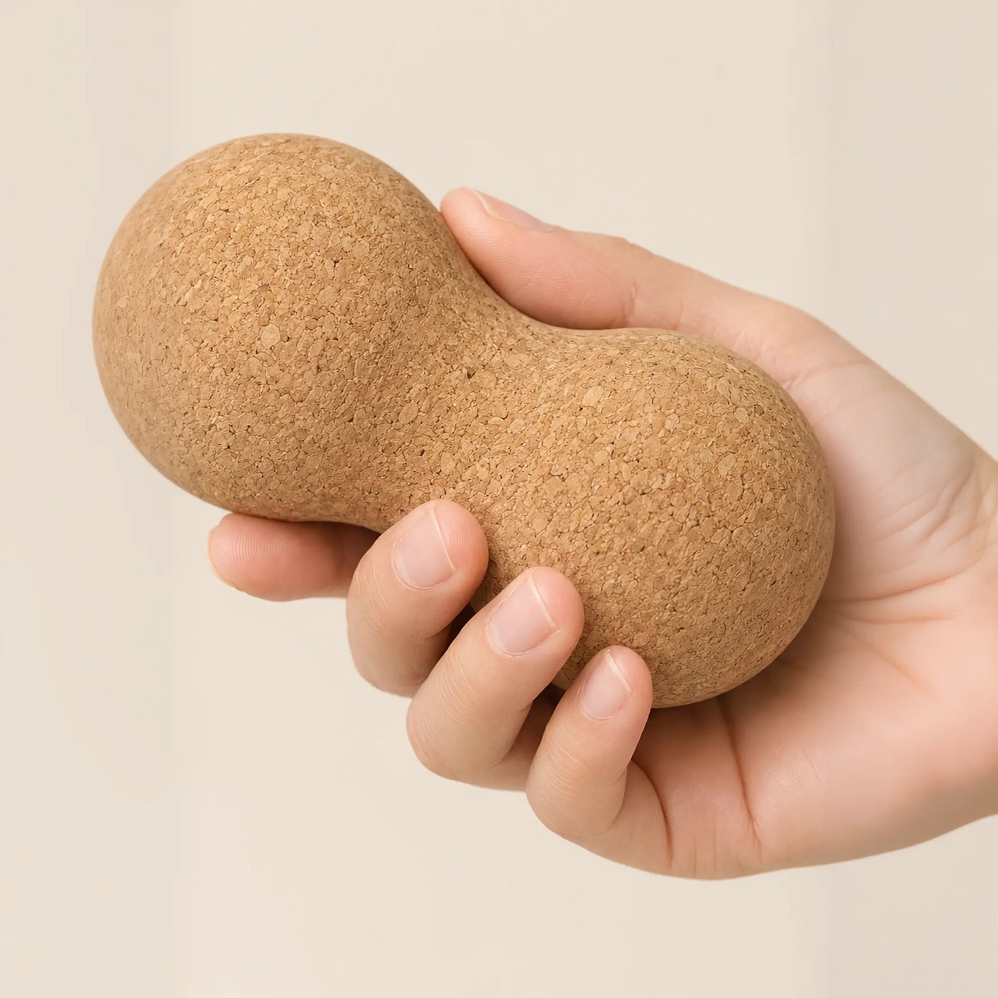 Hand holding cork peanut massage ball for neck and upper back muscle release