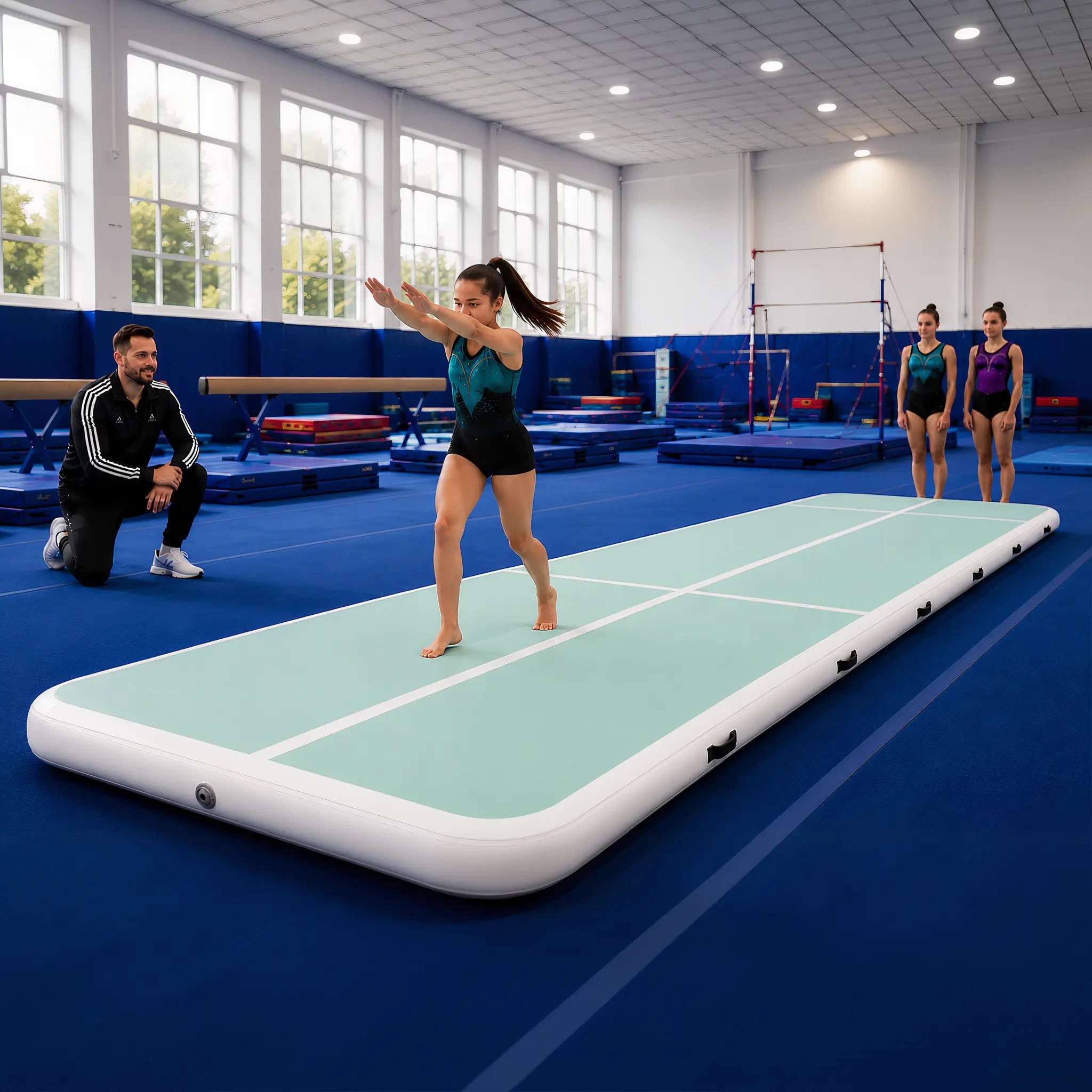 Coach supervising teenage gymnasts training on the Performance Air Track Gymnastics Mat in a gymnastics club