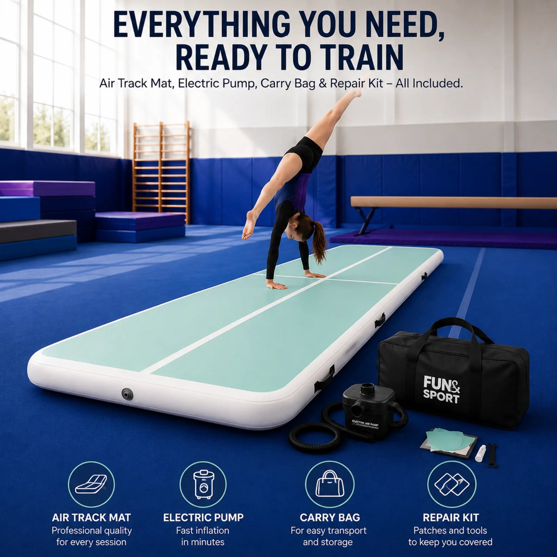Teenage gymnast preparing for a tumbling pass on the Performance Air Track Gymnastics Mat in a bright gymnastics club