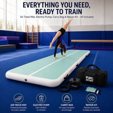 Teenage gymnast preparing for a tumbling pass on the Performance Air Track Gymnastics Mat in a bright gymnastics club