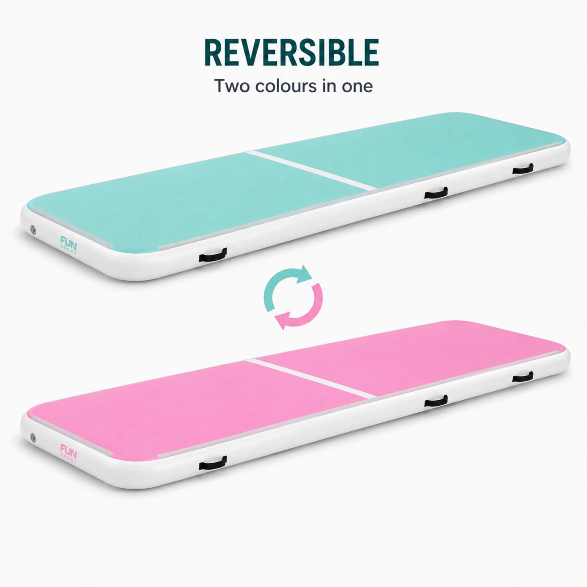 Performance Air Track Gymnastics Mat showing reversible mint green and light pink colour options