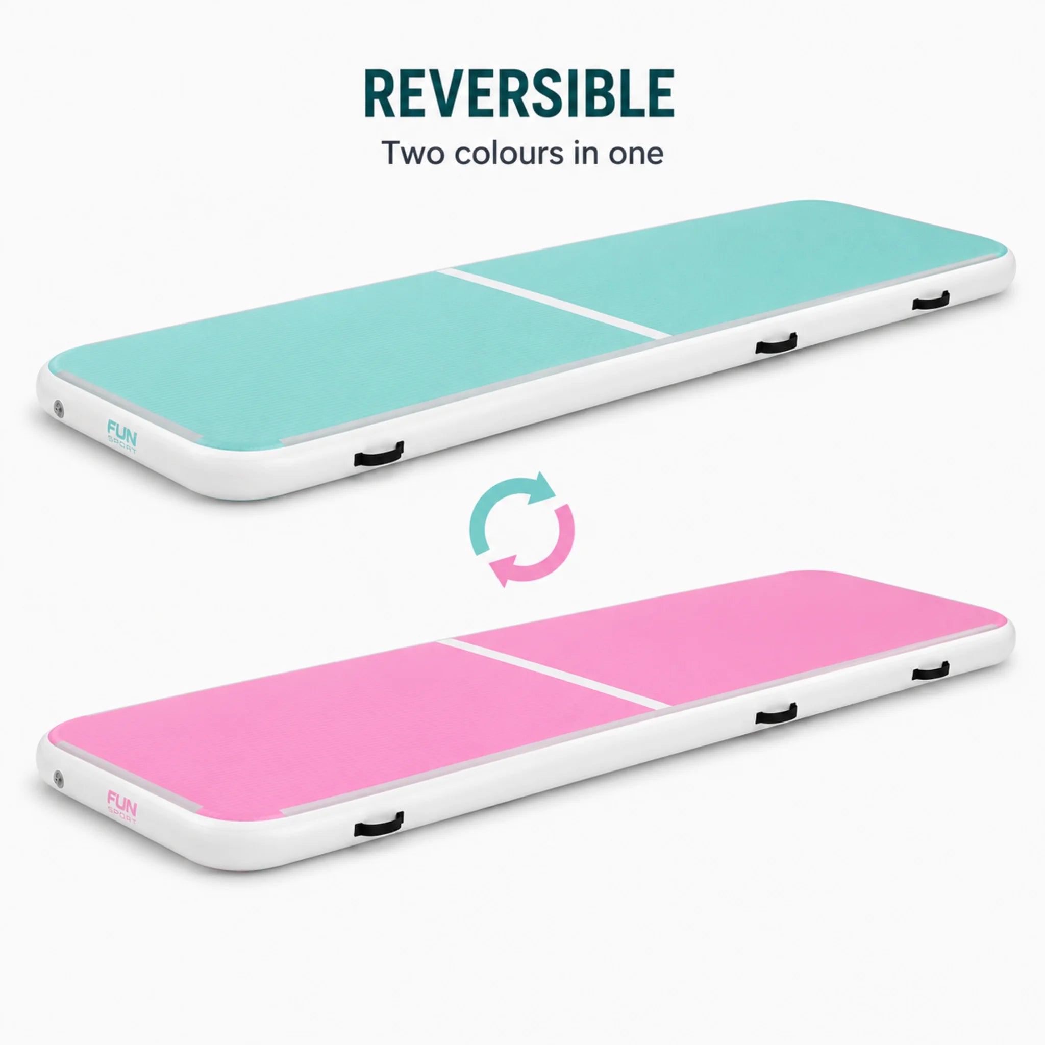 Performance Air Track Gymnastics Mat showing reversible mint green and light pink colour options