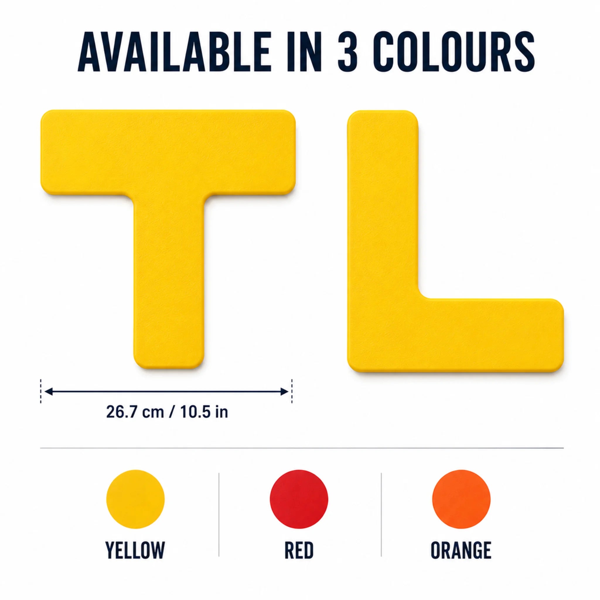 Pickleball court marker T and L shapes with 26.7 cm size and yellow, red and orange colour options.