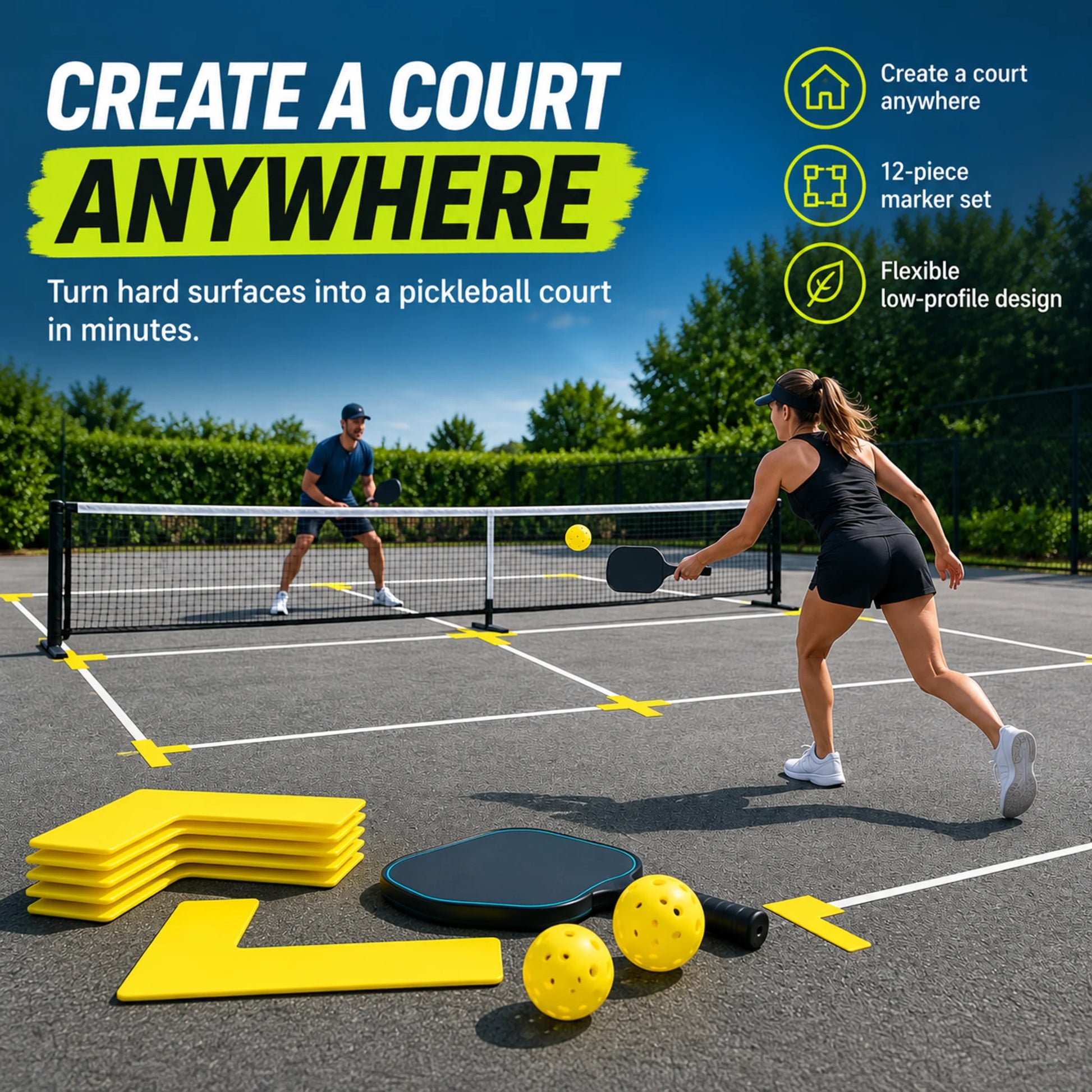 Temporary pickleball court created using yellow court markers on an outdoor hard court.