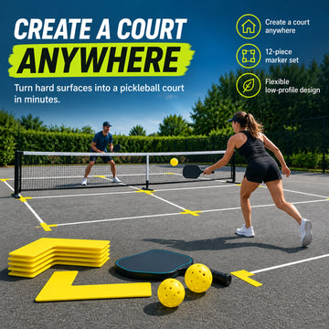 Temporary pickleball court created using yellow court markers on an outdoor hard court.