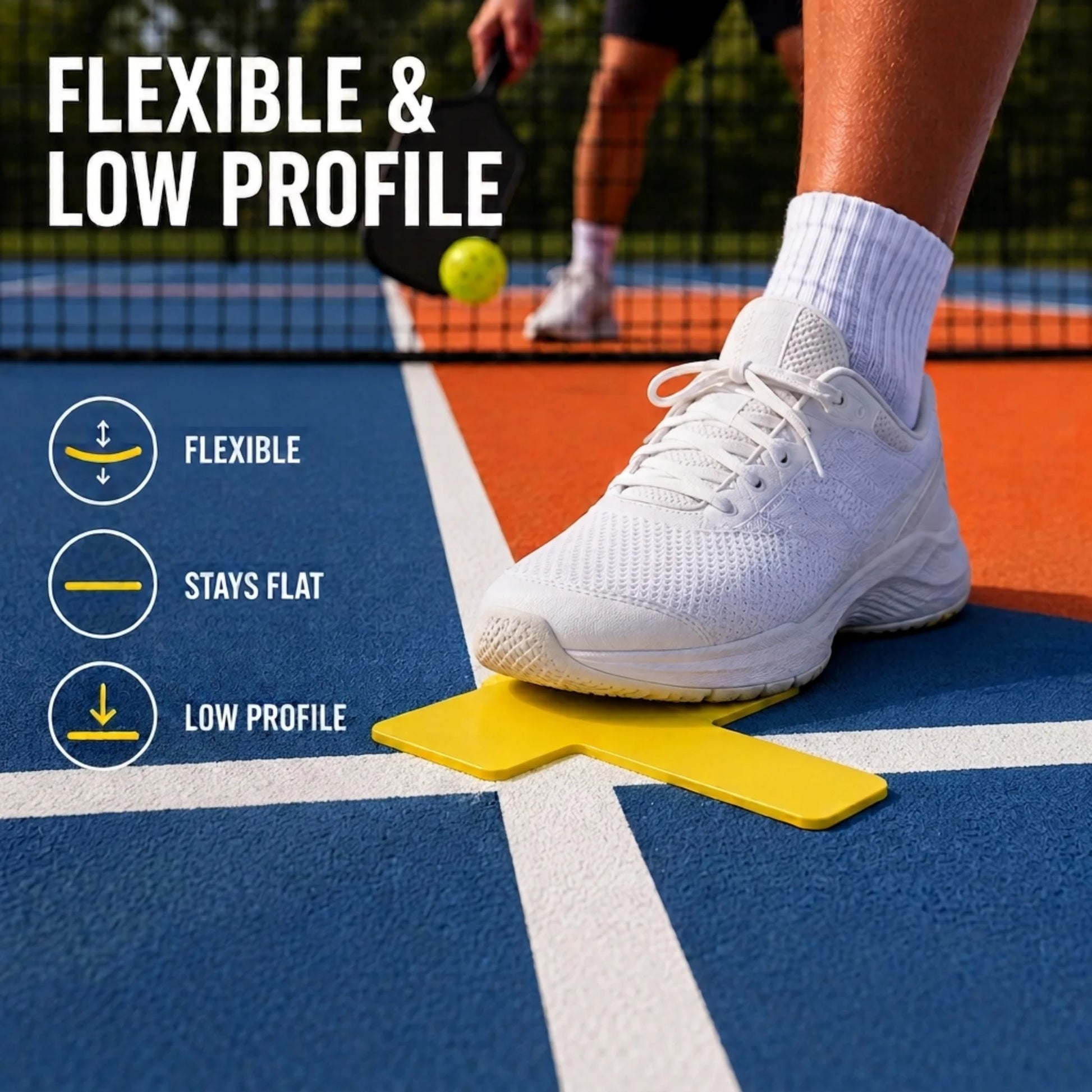Player stepping on a low-profile pickleball court marker during play on an outdoor court.