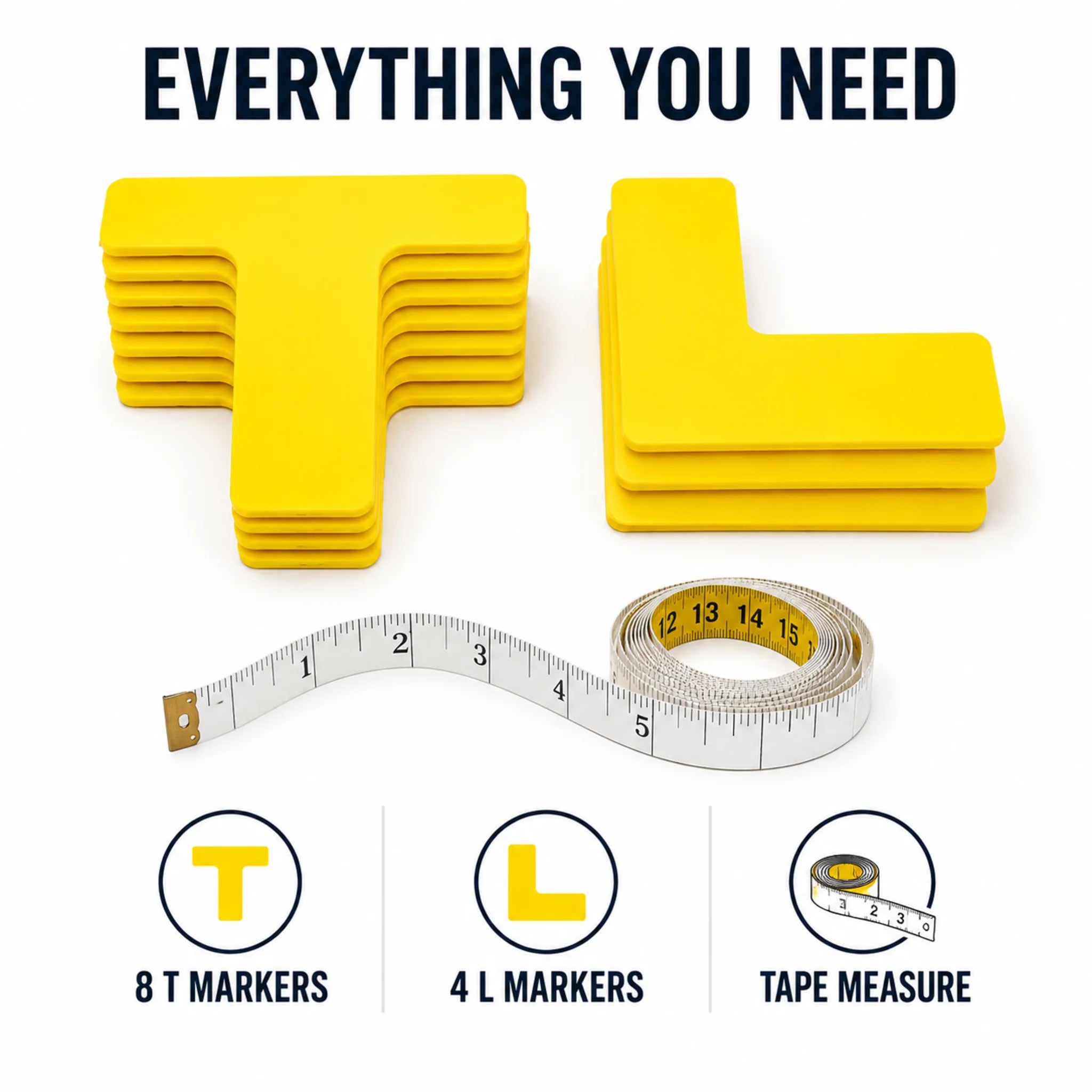 Pickleball court marker set including 8 T markers, 4 L corner markers and a tape measure.