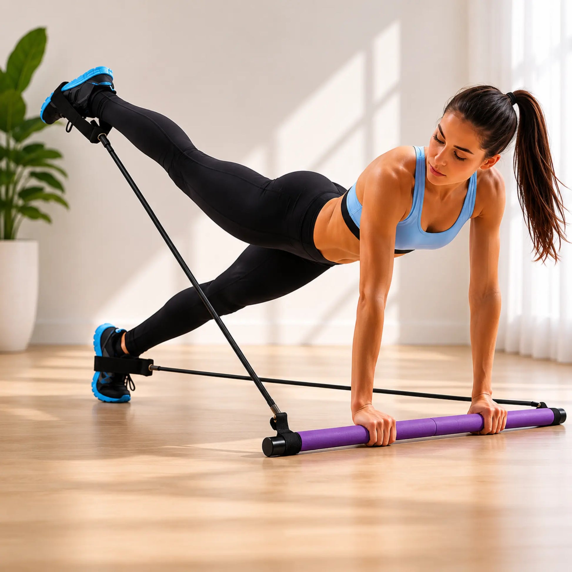Woman using a Pilates bar kit for plank and leg raise exercises on a yoga mat