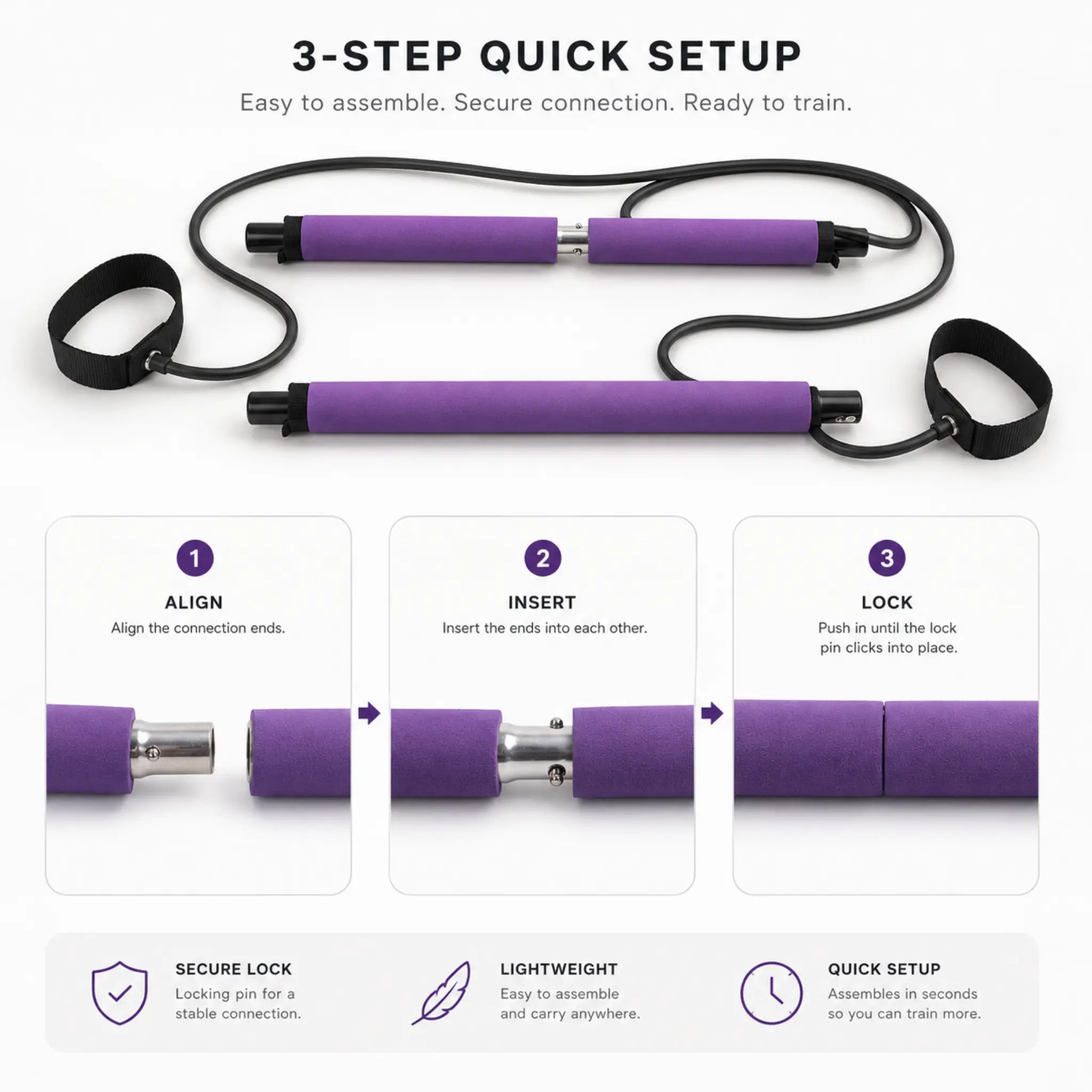 Step-by-step setup guide showing how to assemble a Pilates bar kit locking system