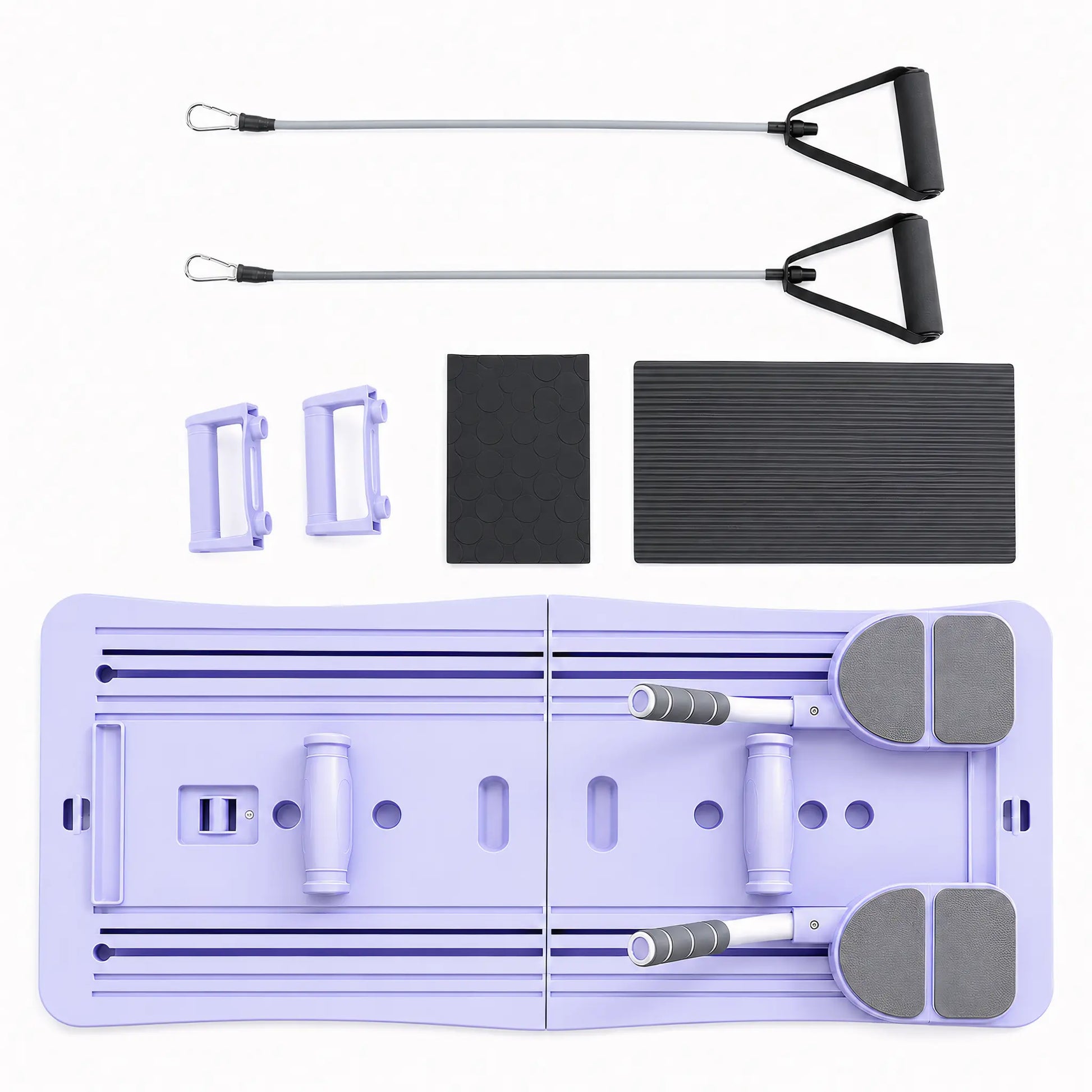 Foldable Pilates board with included resistance bands, handles, and kneeling pad