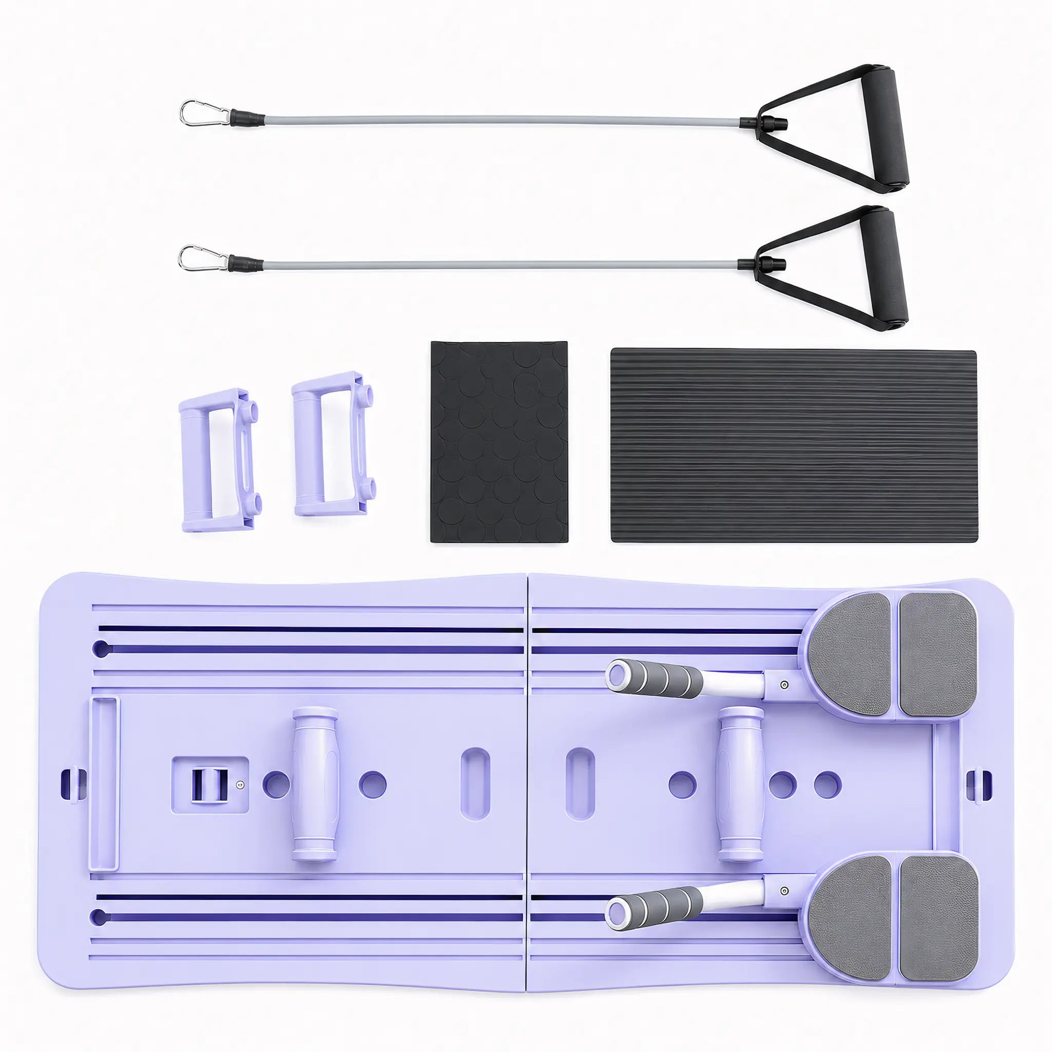 Foldable Pilates board with included resistance bands, handles, and kneeling pad