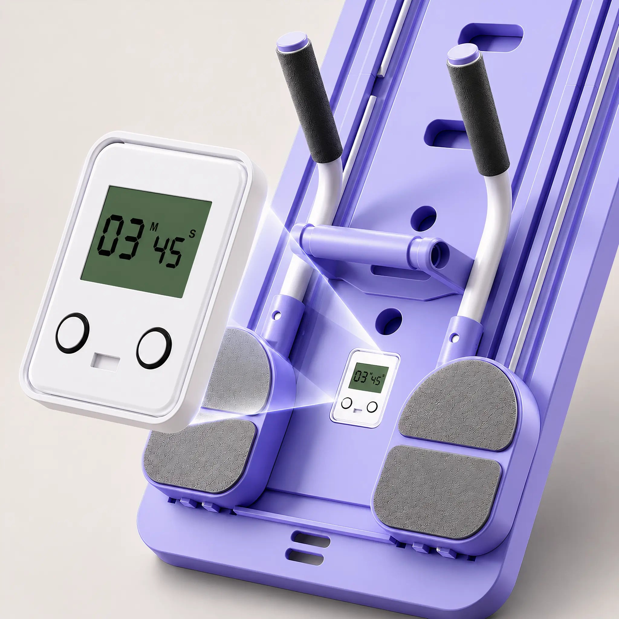 Close-up of the built-in digital workout timer on a foldable Pilates board