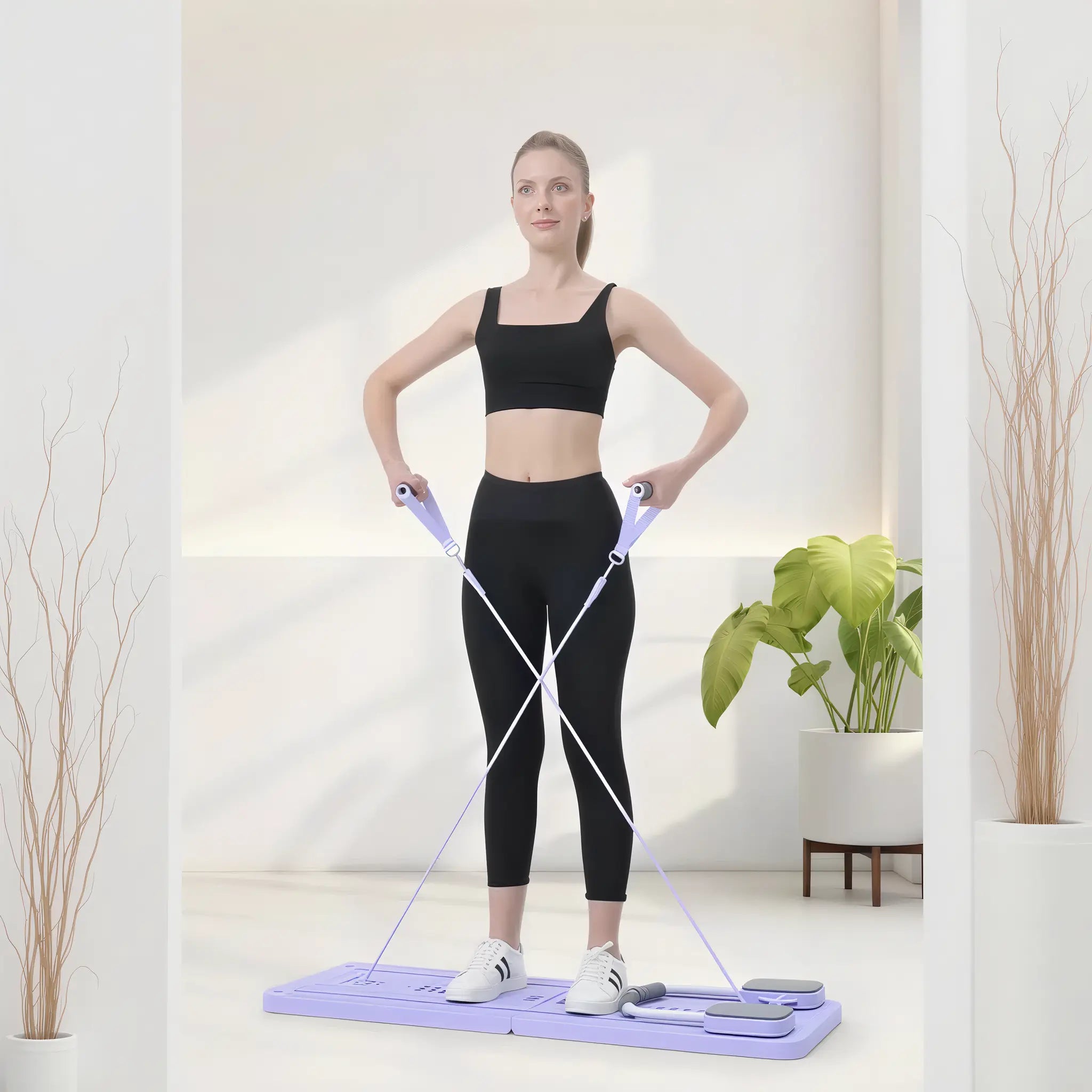 Woman performing standing resistance band exercises on a foldable Pilates board