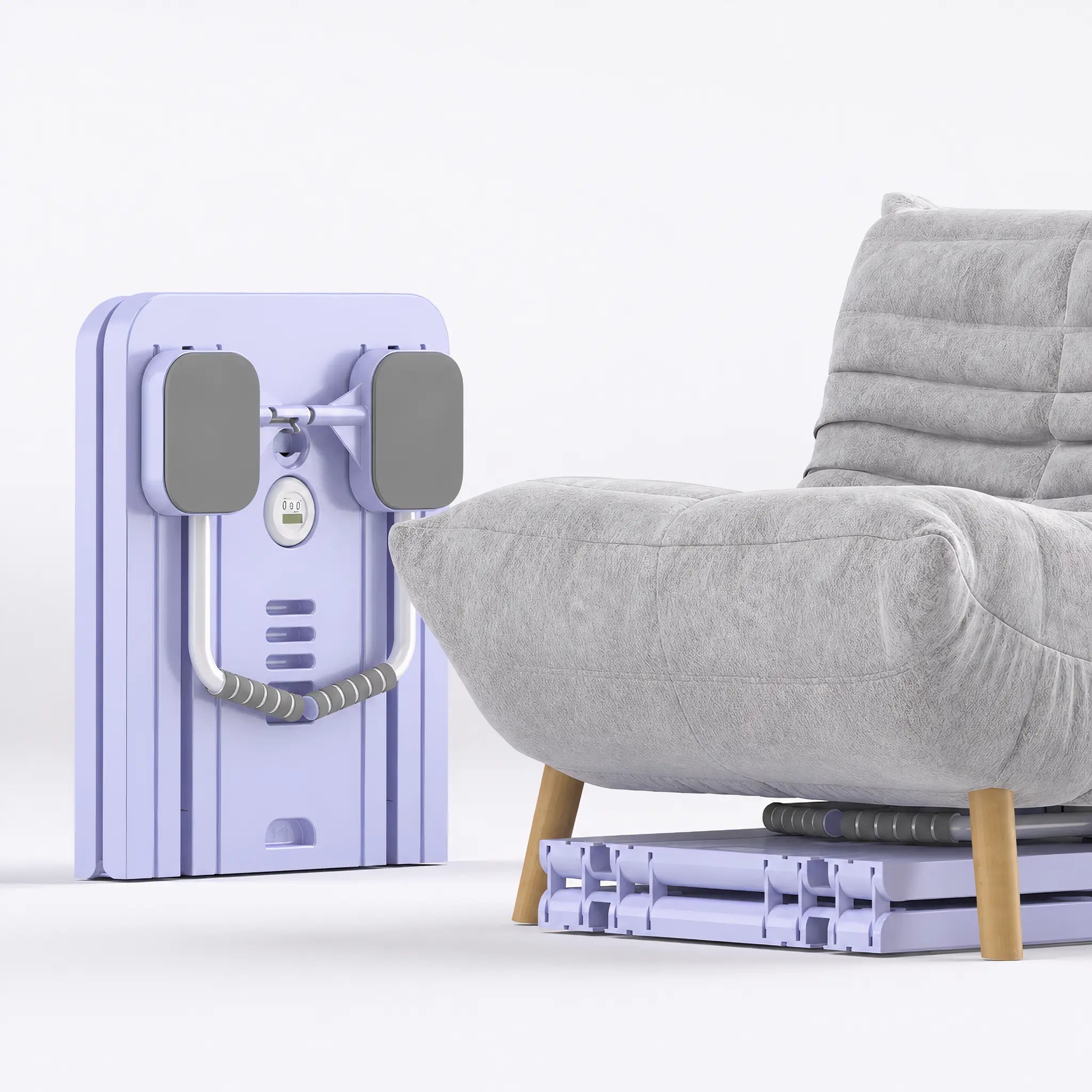 Foldable Pilates board stored compactly beside and underneath a chair